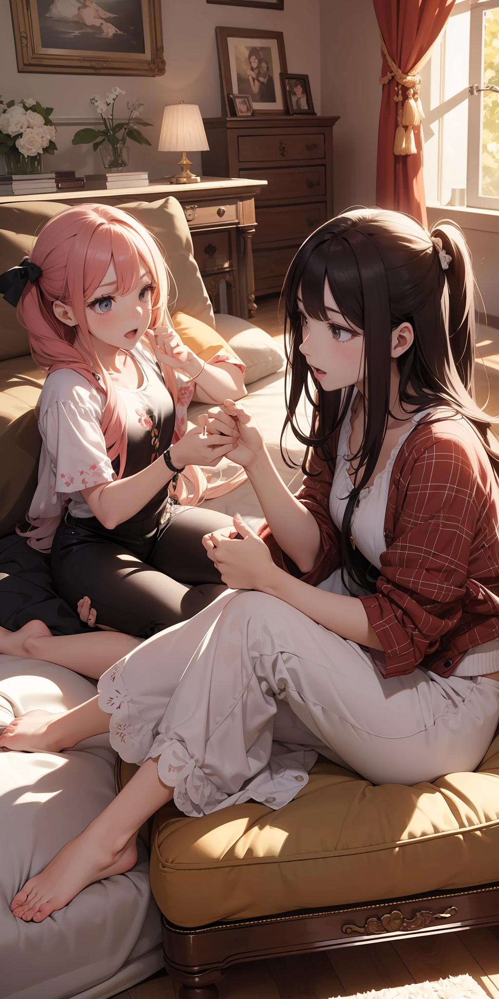 Beautiful girl sisters fighting in living room at home
