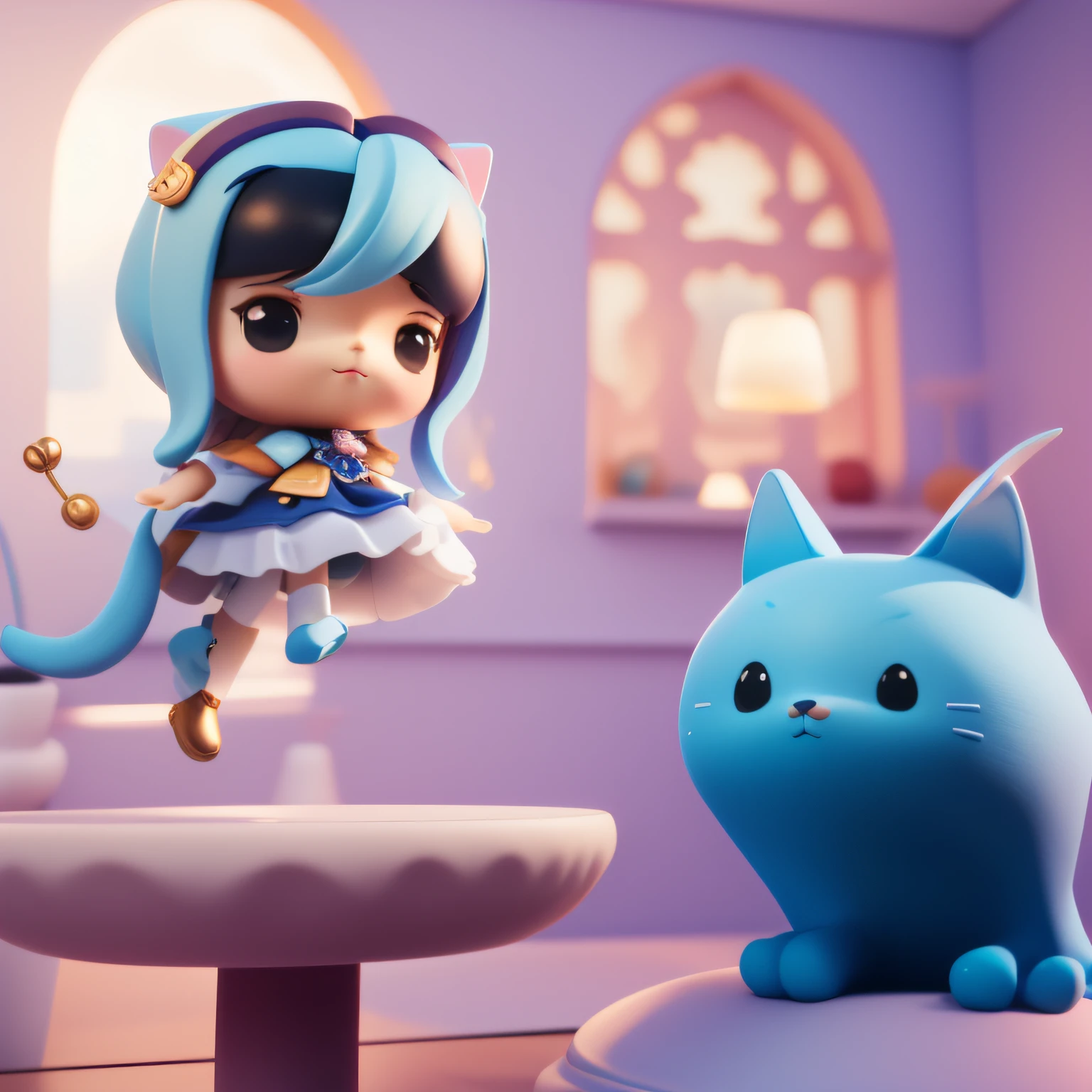 there is a blue cat and a blue cat in a room, foto comercial do brinquedo, bonito 3 d render, kawaii hq render, Pescador! c4d, medium shot of two characters, stylized as a 3d render, a still of an ethereal, estilo fantasia 8 k octane render, 3 d stylize scene, animation style render, 3d rendering stylized