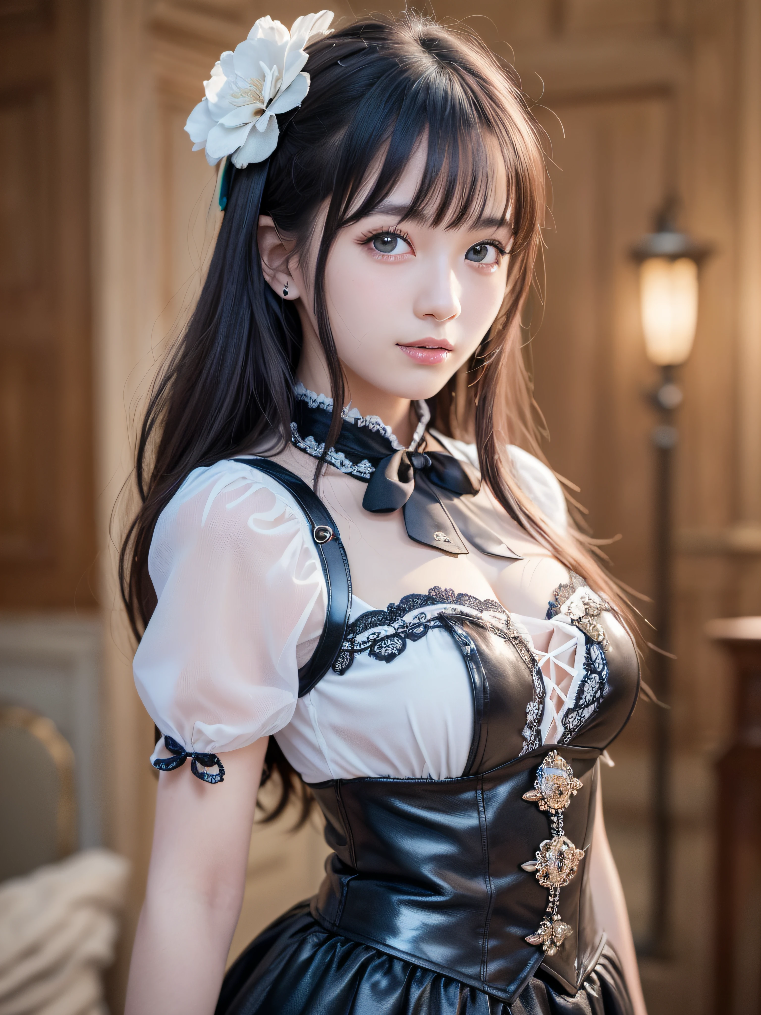 (realistic, photo realistic:1.37), incredibly absurdres, (insanely detailed:1.3), 8k, (masterpiece), (best quality:1.4), (ultra high res:1.2), (raw photo:1.2), ultra detailed background, (unity 8k wallpaper), 1 nogizaka girl, utterly cute, (bishojo:1.35), (:1.4), (alice and the pirates fashion), (delicate detailed beautiful dress), (hair accessory with blue rose), (an exquisitely detailed and beautiful face and eyes and skin:1.1), (detailed black shine hair), medium breasts, (smile at the camera), cowboy shot, (castles scenery in europe), professional lighting