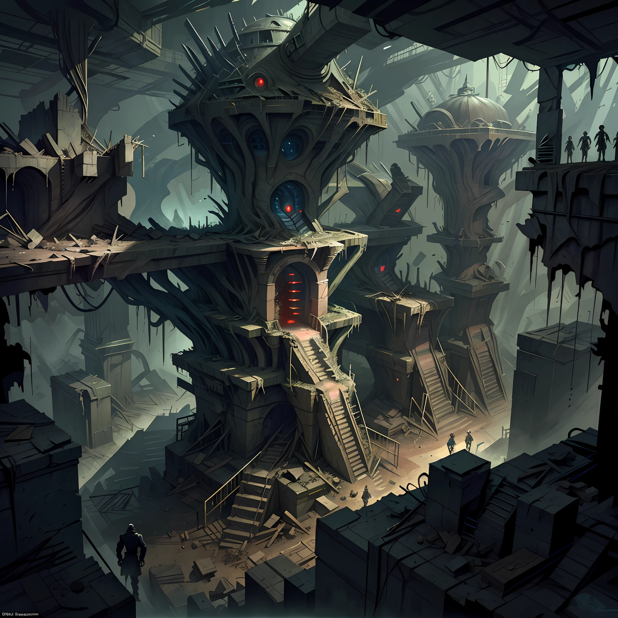 Vast angle, View from the top of the peak, best quality,(masterpiece:1.2), in Underground hangar a malfunctioning time machine sends rotten fragments back in time. Horror art, unreal engine, UHD, sketch color drawing . Illustration by Dan Seagrave