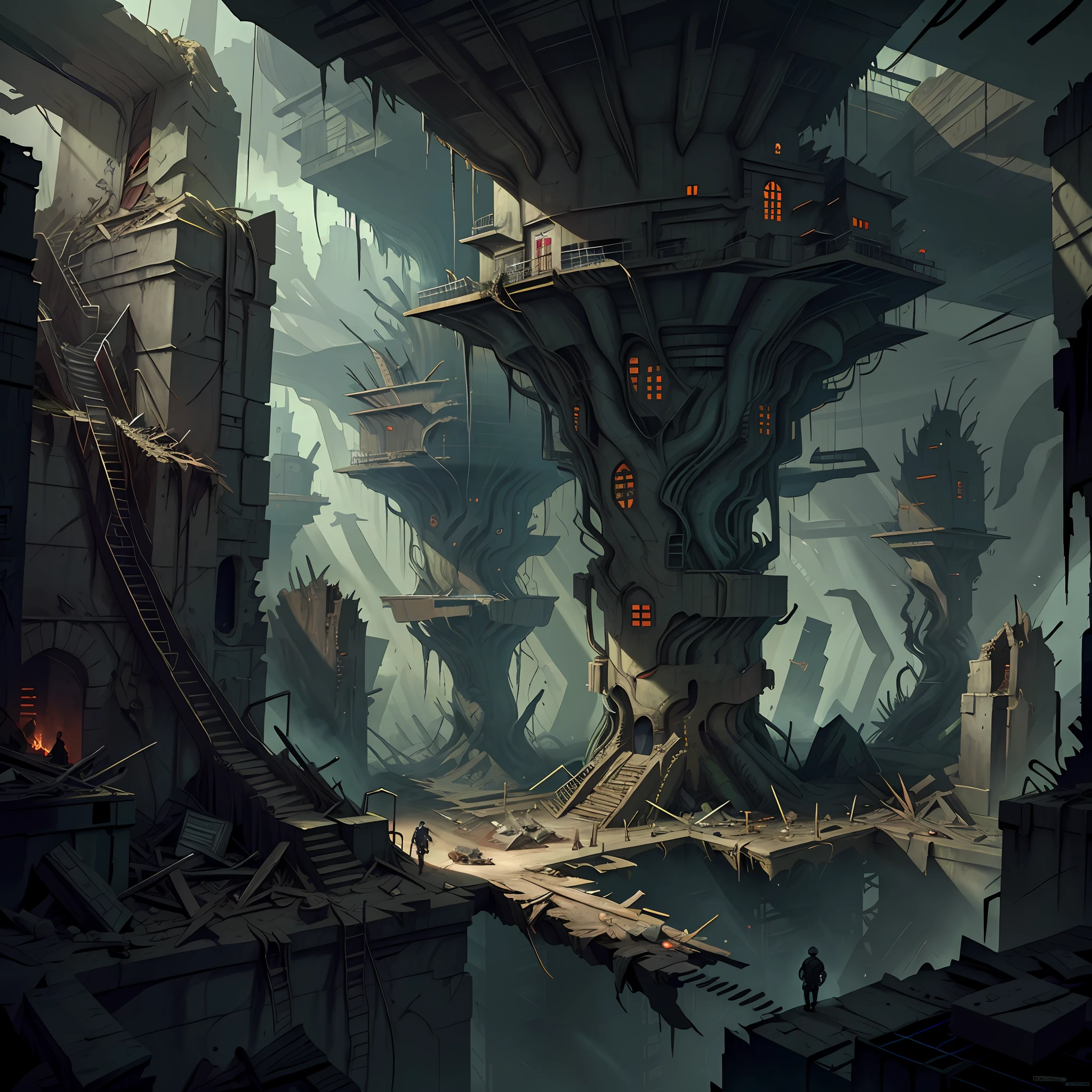 Vast angle, View from the top of the peak, best quality,(masterpiece:1.2), in Underground hangar a malfunctioning time machine sends rotten fragments back in time. Horror art, unreal engine, UHD, sketch color drawing . Illustration by Dan Seagrave