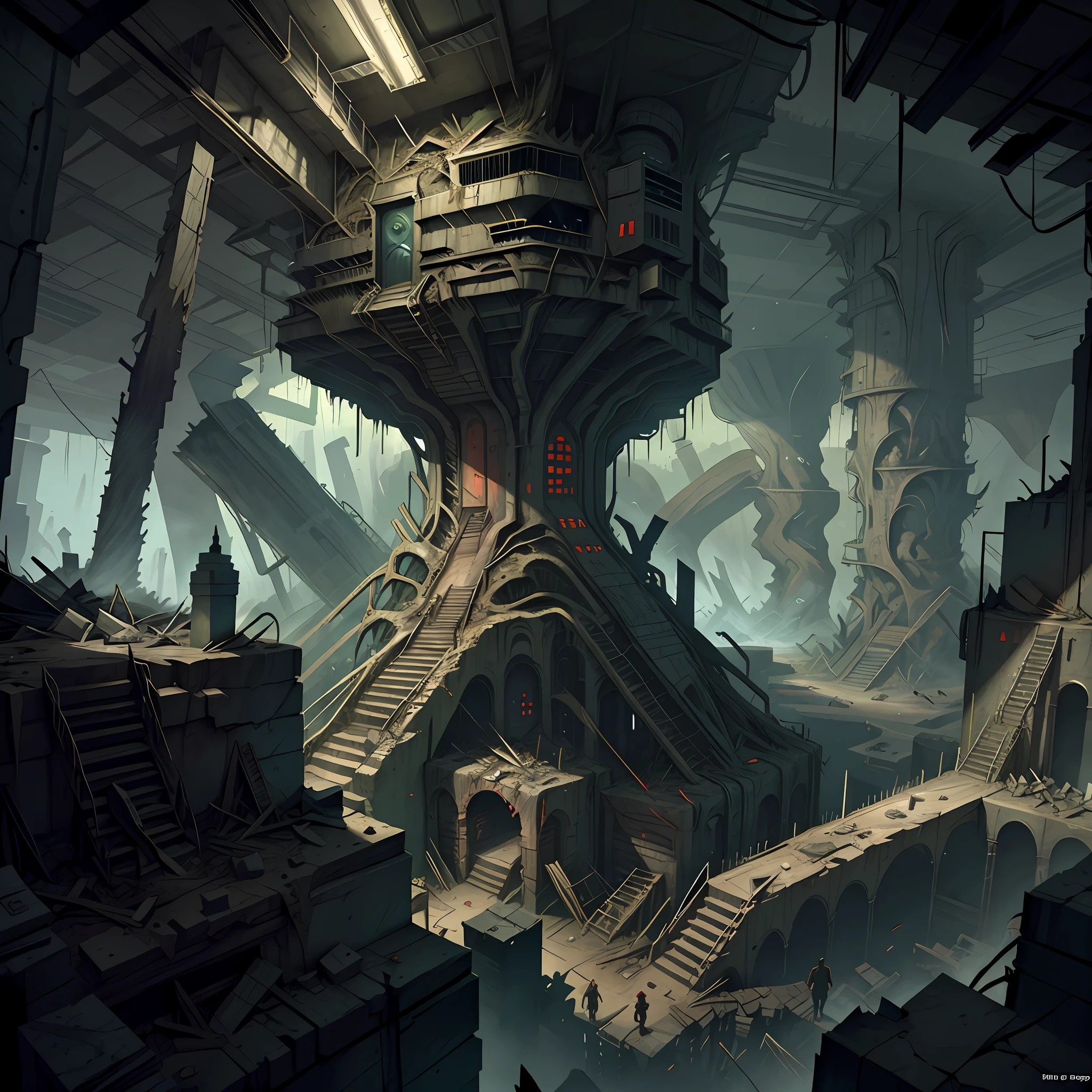 Vast angle, View from the top of the peak, best quality,(masterpiece:1.2), in Underground hangar a malfunctioning time machine sends rotten fragments back in time. Horror art, unreal engine, UHD, sketch color drawing . Illustration by Dan Seagrave
