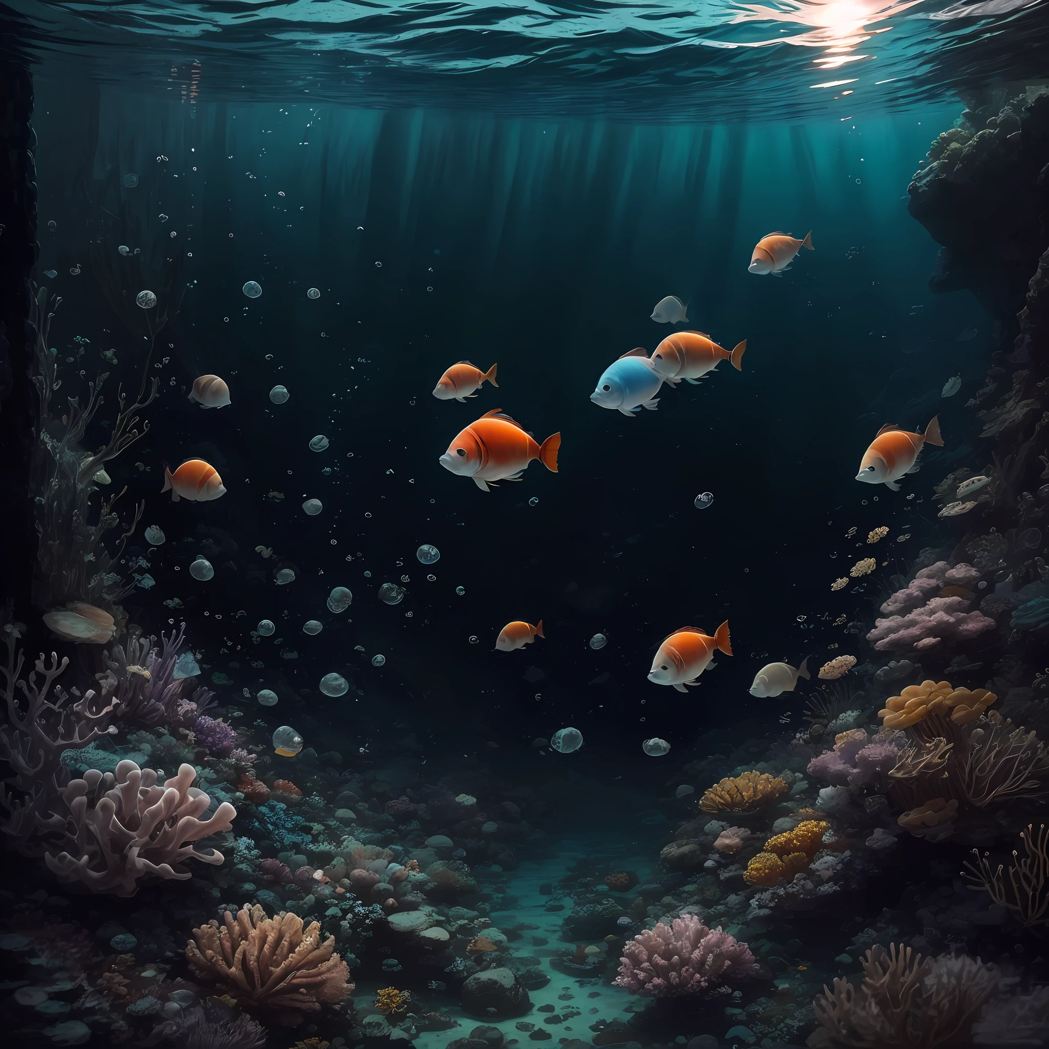 Be an extraordinary artist and paint an interactive mural in the bedroom of an ocean landscape. Na pintura deve ter ondas azuis e cristalinas que se elevam, refletindo a luz do sol e criando um efeito hipnotizante. Paint different species of fish, como Betta splendens com caldas esverdeadas e alaranjados, the colorful clownfish and the graceful jellyfish, flutuando harmoniosamente entre algas marinhas ondulantes. --auto
