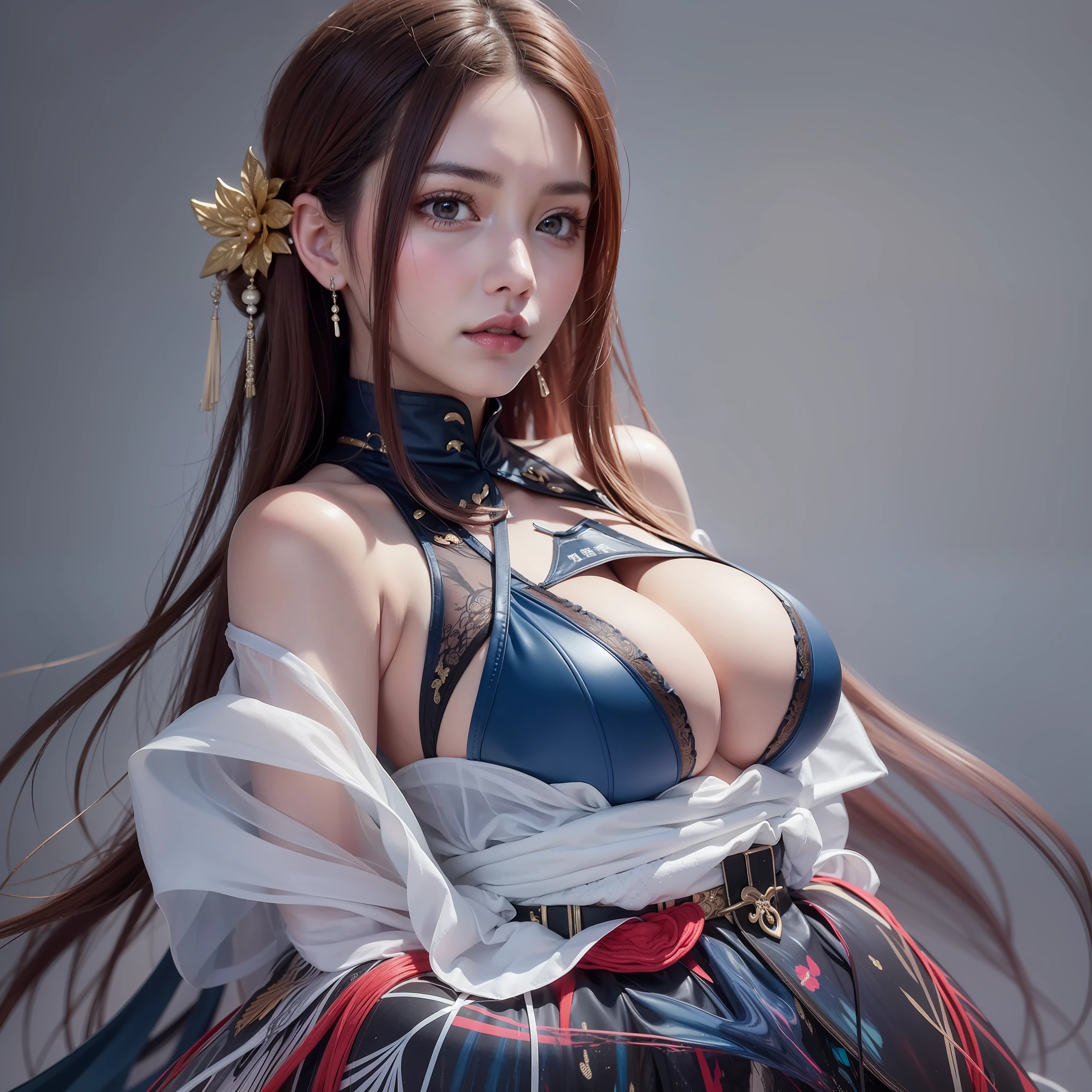 ((large breasts)),hyperrealistic,4k,35mm,fashion,photography,magazine photoshoot,ultra highly detailed, (abstract art:1.4), professional lighting, masterpiece, best quality, ultra high res, beautiful, visually stunning, (1girl:1.3), (dark blue theme:1.2), Light gray background, deep blue, cowboy shot,girl,wuxia,Chinese style,Hanfu,Tang Feng,red:1.9,skin,wearing dress,emma,shidudou