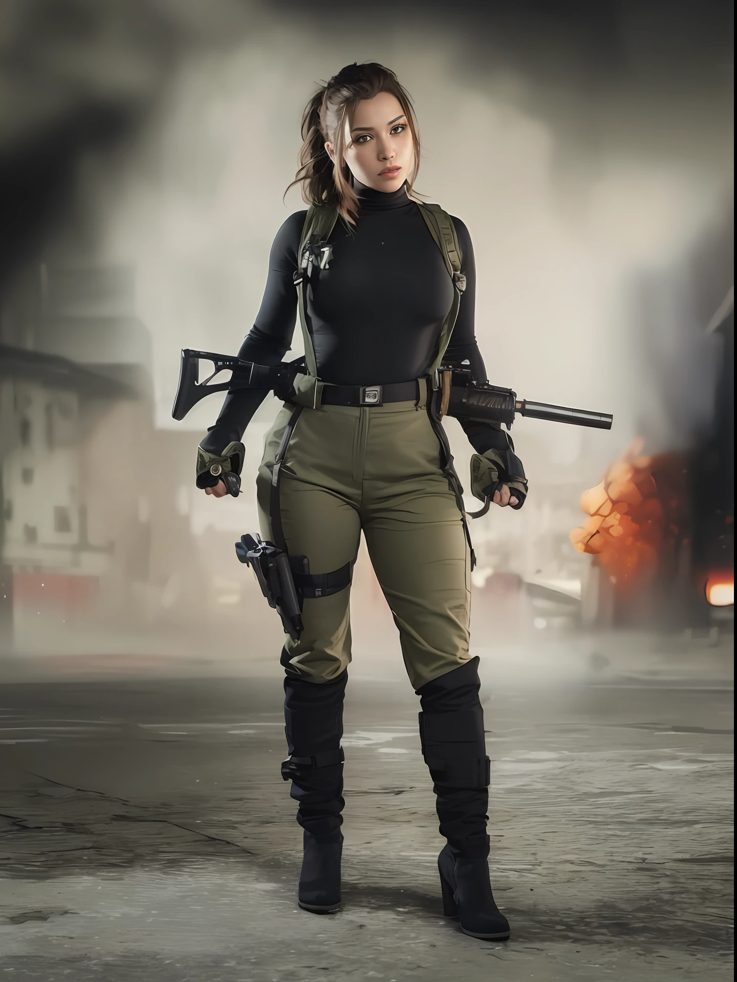 there is a woman in a black top and green pants holding a gun, quiet from metal gear solid, protagonista feminina, sil from species, silencioso de metal gear solid v, Fotografia de uma mulher techwear, army girl outfit, in a dark space mercenary outfit, soldado, Cammy, meninafantaria, metal gear solid inspired, Resident Evil Inspirado, ultra realista