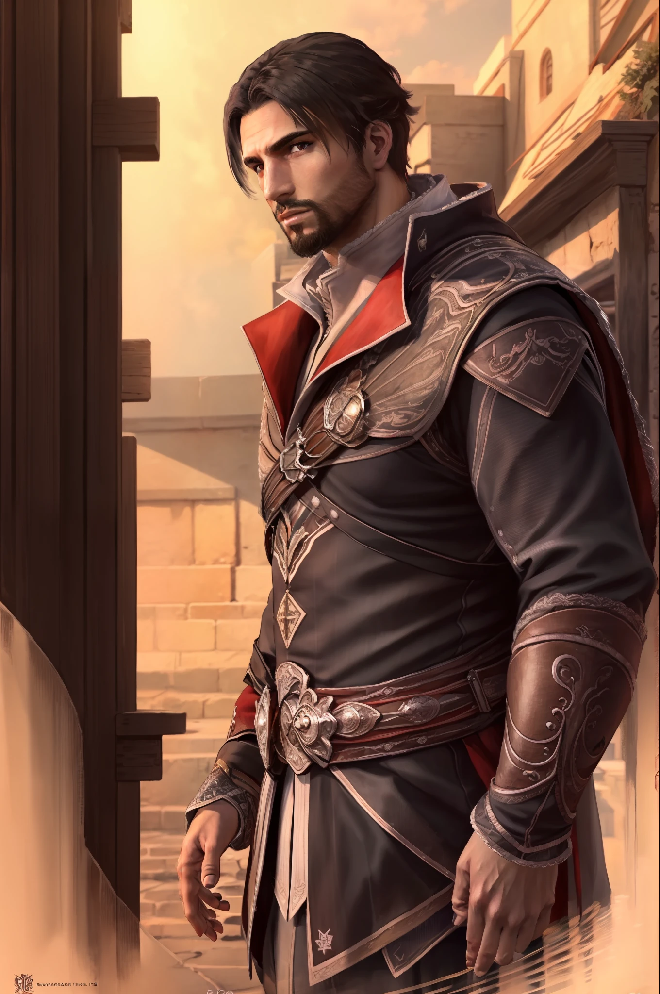 (Masterpiece, Top Quality, Best Quality, offcial art, Detailed:1.2),ezio_soul3142, 独奏, black hair, 1boy, upper-body, male focus, bronya, looking at the side, facial hair, beard, Realistic, manly