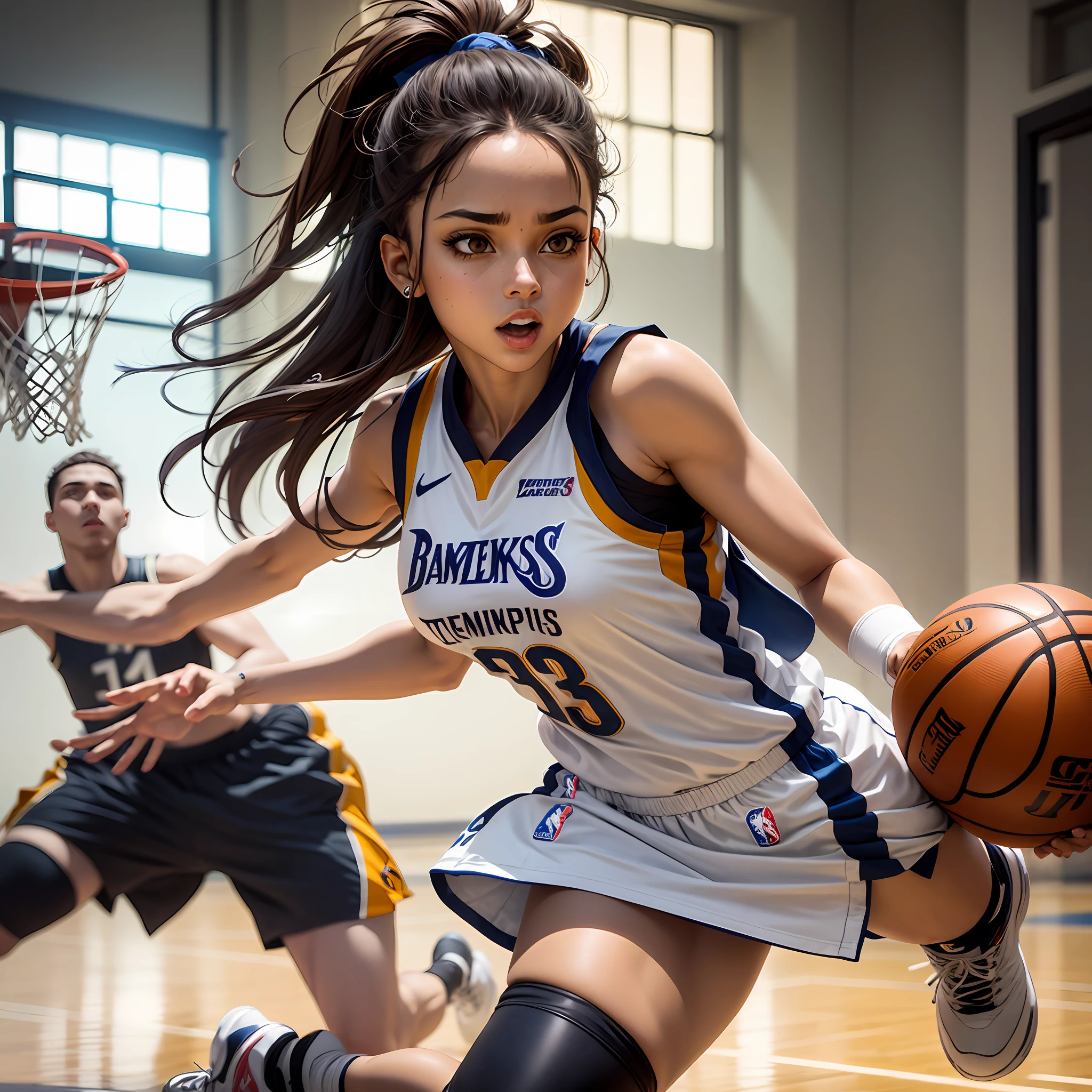 anime garota basquete com uniforme dos Memphis grizzlies, numa quadra de basquete, corpo inteiro cabelo preto curto, with a basketball in hand, de olhos vermelhos --auto