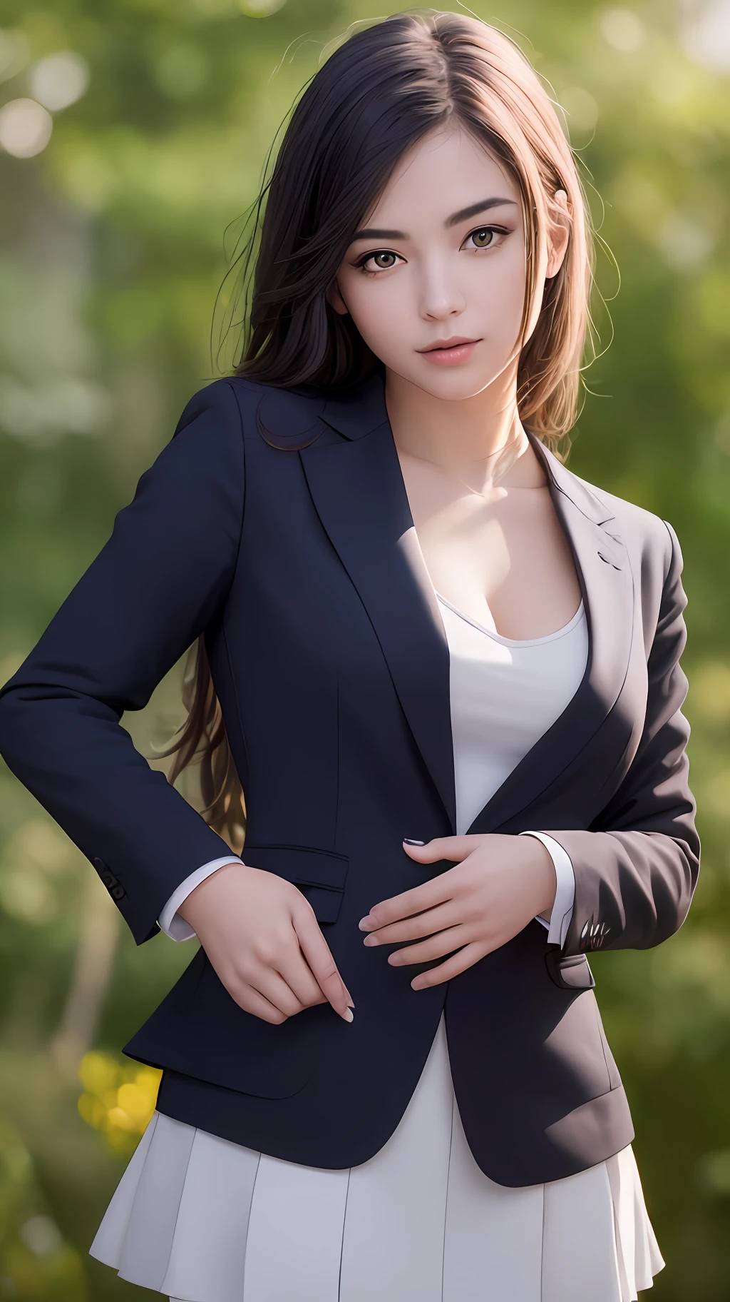 best quality, masterpiece, 1girl, Beautiful face, (photo realistic:1.3), rim lighting, (high detailed skin:1.2), 8k uhd, dslr, high quality, high resolution, 4k, 8k, Bokeh, absurdres, best ratio four finger and one thumb, (realistic:1.3), cute 1girl, wearing black formal blazer, medium breasts, short skirt,