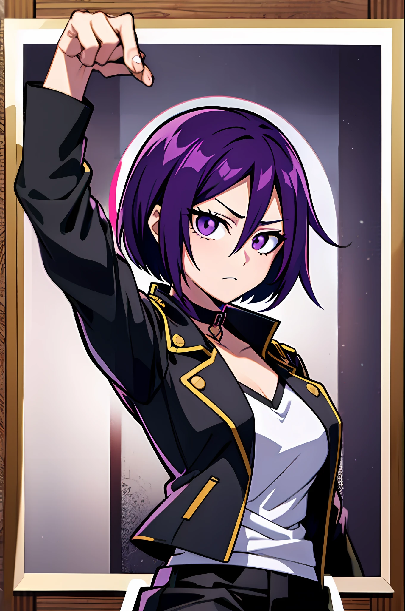 1girl, purple eyes and dark purple hair between her eyes, bob cut, medium length haircut, black leather jacket, long red-colored shirt with several rips at the collar and hem, black pants, black choker, (bleach and boku no hero academia style), (illustrated by Kohei Horikoshi and Tite Kubo), (style mixing), Kyoka Jiro, Rukia Kuchiki, (character mixing)