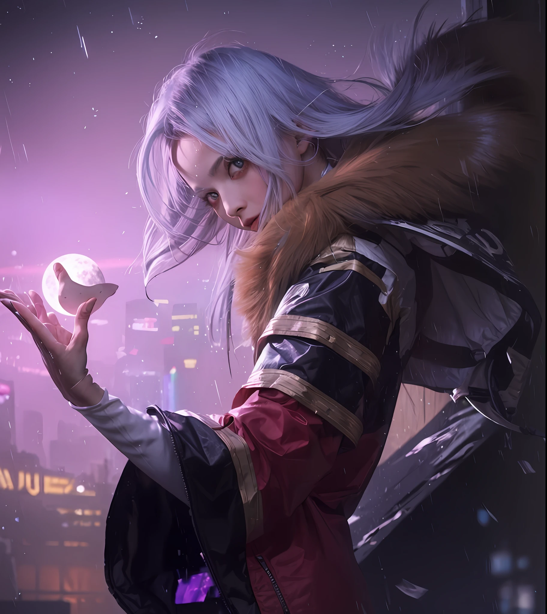 (Top Quality, 8k, Masterpiece, CG)lucy \(cyberpunk\), 1girl, hair scrunchie, hime cut, silver hair, colored tips, full moon, grey eyes, jacket, long sleeves, looking at viewer, super detailed face, medium hair, multicolored hair, bangs parted, lips apart, Pink hair, portrait, red eyeliner, red lips, solo, white jacket, cyberpunk (series), rainy night in neon-shimmering cyberpunk city
