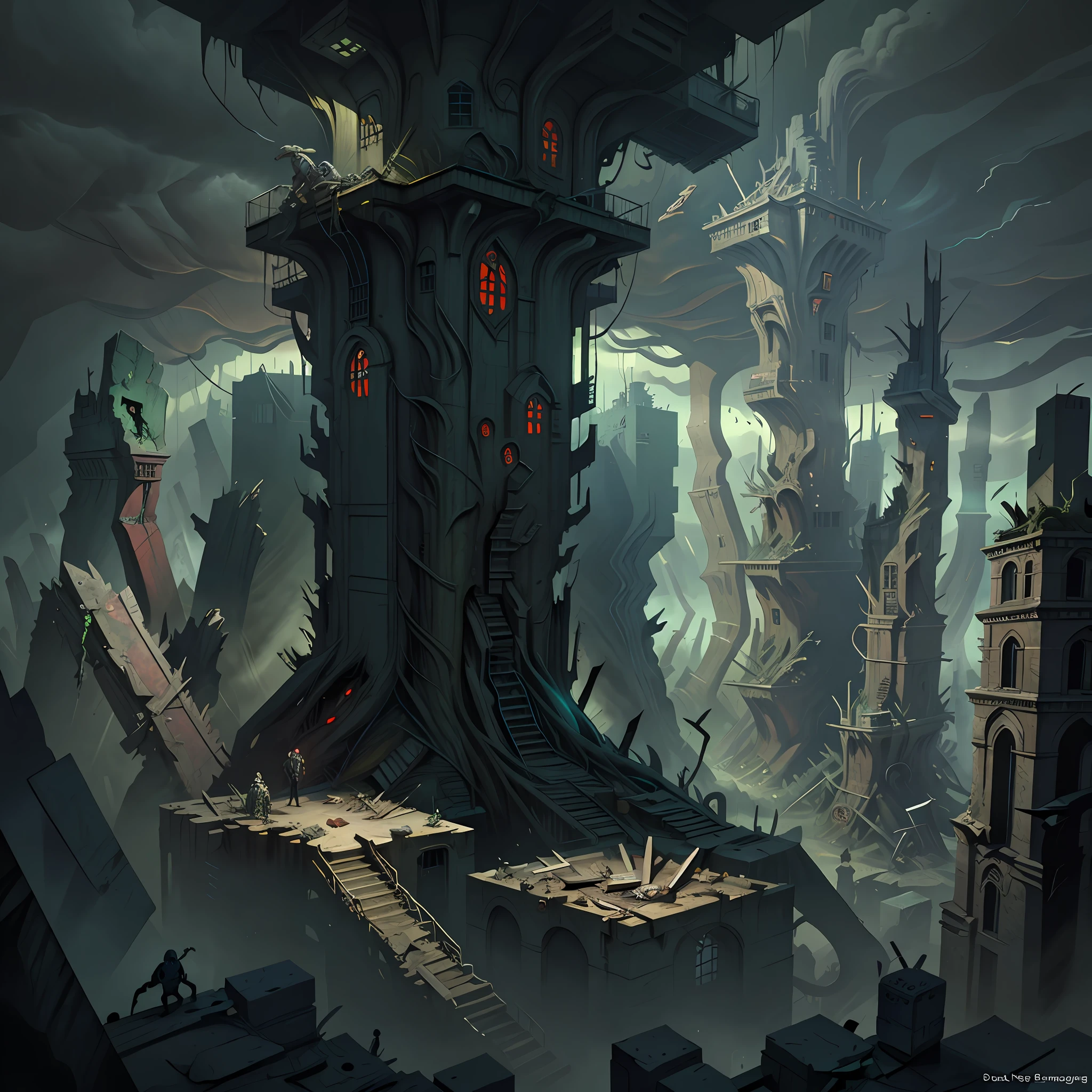 Vast angle, View from the top of the peak, best quality,(masterpiece:1.2), a malfunctioning time machine sends rotten fragments back in time. Horror art, unreal engine, UHD, sketch color drawing . Illustration by Dan Seagrave