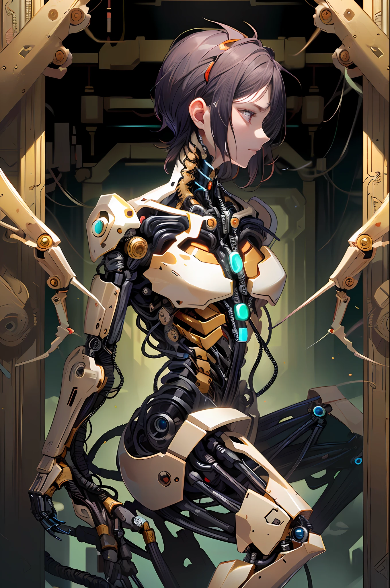 (((masterpiece))), (((best quality))), ((ultra-detailed)), (highly detailed CG illustration), ((an extremely delicate and beautiful)),(from side),cinematic light,((1mechanical cat)),solo,half body,(machine made joints:1.2),((machanical limbs)),(blood vessels connected to tubes),(mechanical vertebra attaching to back),((mechanical cervial attaching to neck)),(sitting),expressionless,(wires and cables attaching to neck:1.2),(wires and cables on head:1.2)(character focus),science fiction,city background, extreme detailed,colorful,highest detailed,(face shadow (extra detailed,best performance)), laser eyes (detailed red))fire in holes of hands). (reelmech:1.5),fighting , glowing eyes, short hair,torn tight supersuit, in a destroyed city, smoke and fire, glowing power aura, dynamic pose, dynamic view