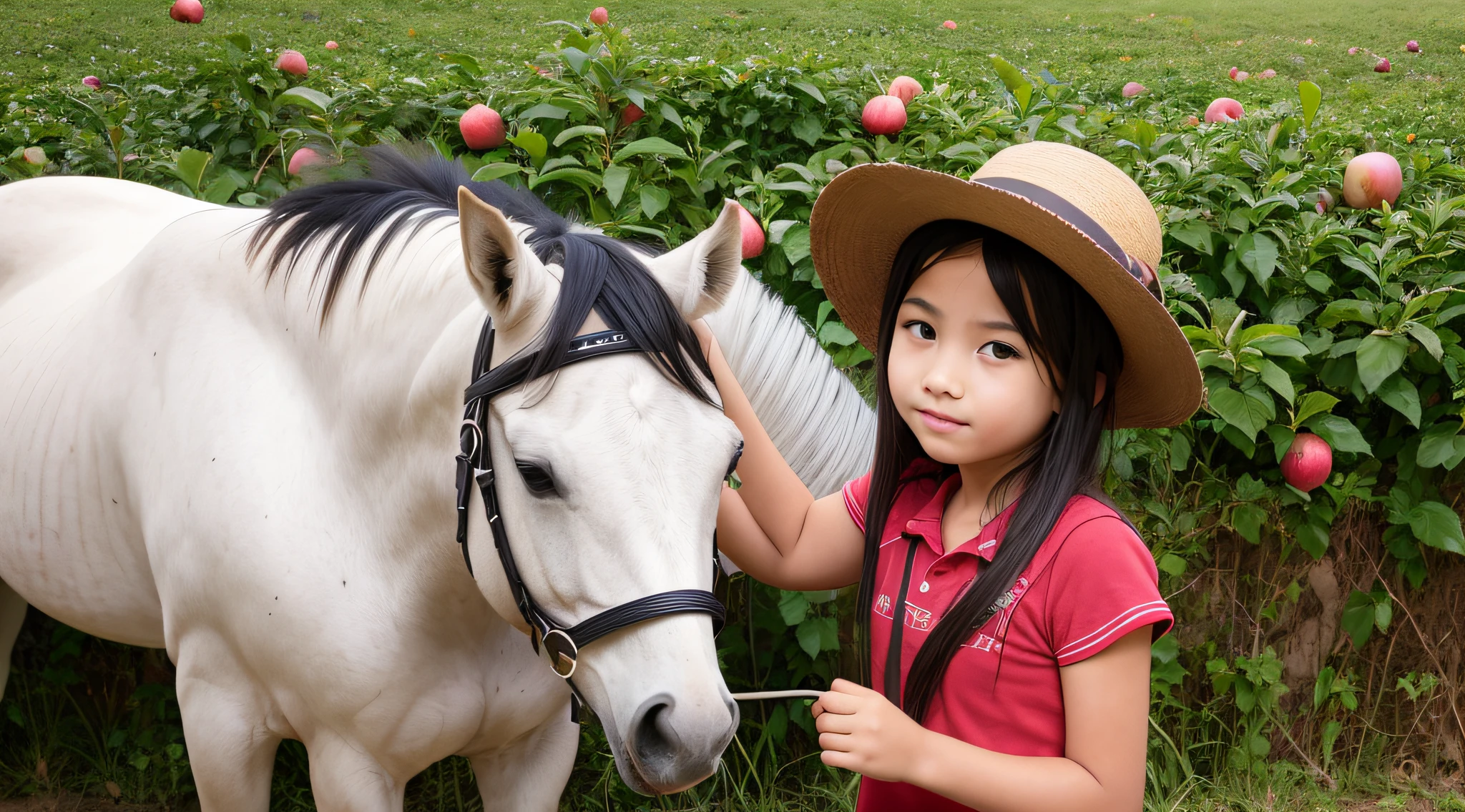 FAZENDA COM CELEIRO, cavalo, GIRLS CHILDREN 12 YEARS OLD, PICKING APPLES WITH A FARMER'S HAT, LOIRAS COM CABELO LISO, TRIGO, ROLOS FENO, SOL AO FUNDO DA FAZENDA.