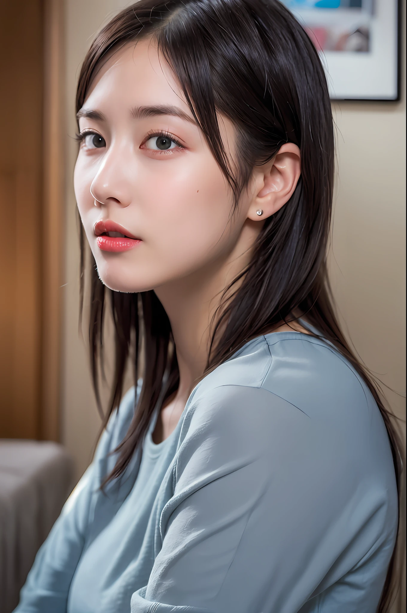 dressed, (photo realistic:1.4), (hyper realistic:1.4), (realistic:1.3),
(smoother lighting:1.05), (increase cinematic lighting quality:0.9), 32K,
1girl,20yo girl, realistic lighting, backlighting, light on face, ray trace, (brightening light:1.2), (Increase quality:1.4),
(best quality real texture skin:1.4), finely detailed eyes, finely detailed face,
(tired and sleepy and joy), (laugh:0), face closeup, t-shirts,
(Increase body line mood:1.1), (Increase skin texture beauty:1.1)