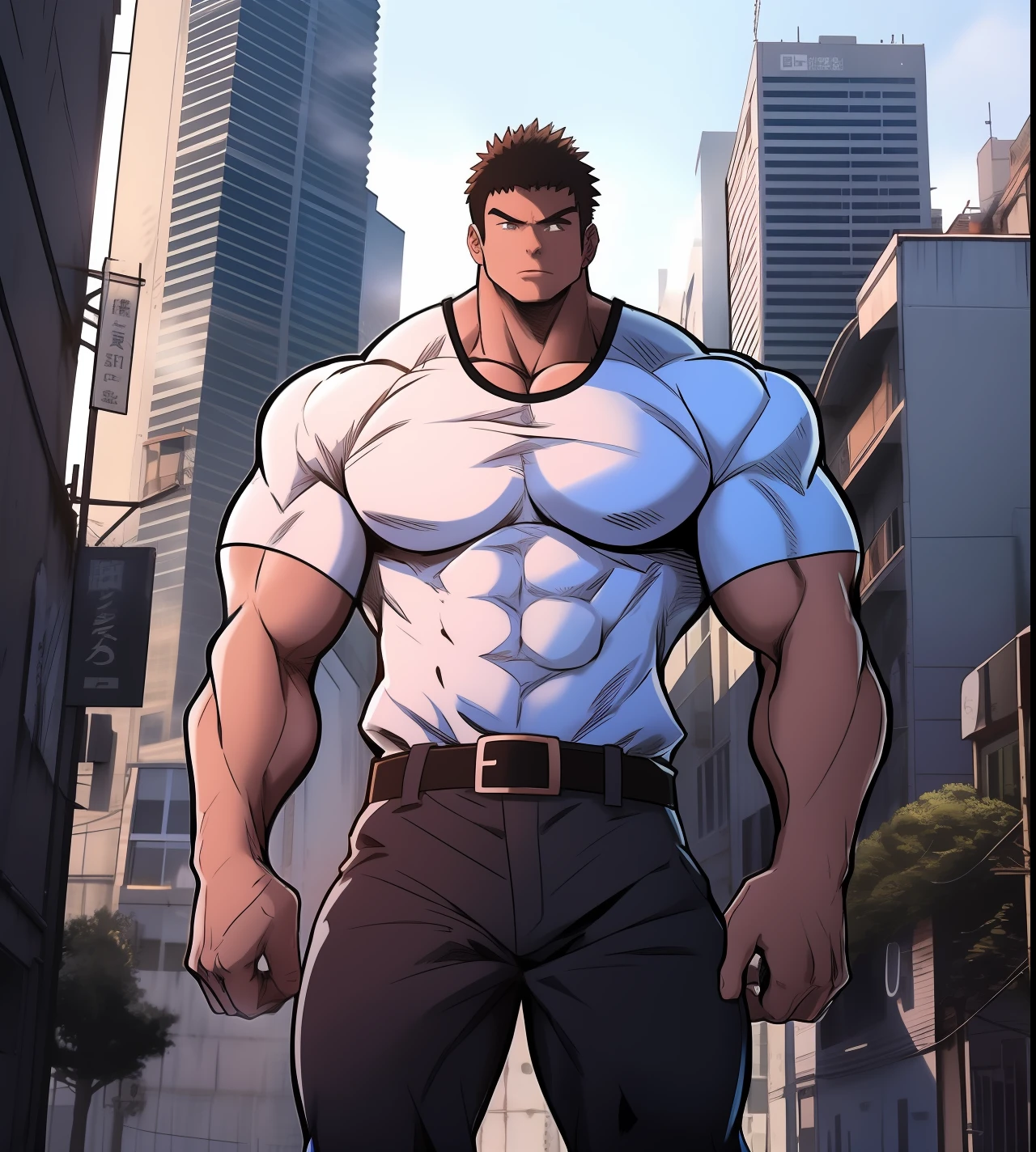 Generate anime-style art with a high-angle shot of a muscular male character with his body facing the camera, THE CHARACTER IS STANDING ON TOP OF A TALL BUILDING, The protagonist must have an extremely muscular body, very tall, similar to that of a bodybuilder. The character must have very short hair with dark brown bangs and must be wearing a red long sleeve T-shirt with black pants and a belt and must be wearing a white sneaker. The image should depict the character's entire body, focusing on his intimidating posture. The protagonist must exude strength and dominance, displaying a powerful presence. The scene should feature only the muscular character, THE CHARACTER SHOULD BE ON TOP OF A BUILDING SHOWING A LARGE CITY BELOW HIM