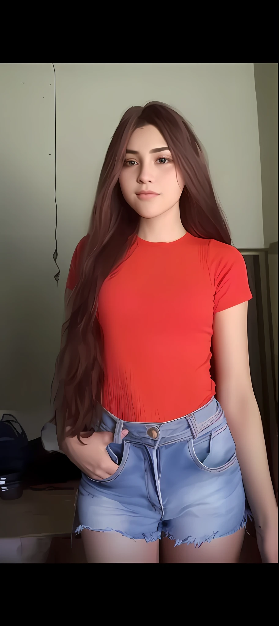 mulher arafed com cabelo comprido vestindo uma camisa vermelha e shorts jeans, cabelo comprido e camisa vermelha, com cabelos longos, cabelos vermelhos da cintura longa, cintura cabelo comprido, com longos cabelos escuros, usando um top bonito, usando uma roupa vermelha, qualidade muito baixa, de cabelo comprido, vestindo camisa apertada, camisa vermelha, qualidade muito baixa, imagem frontal