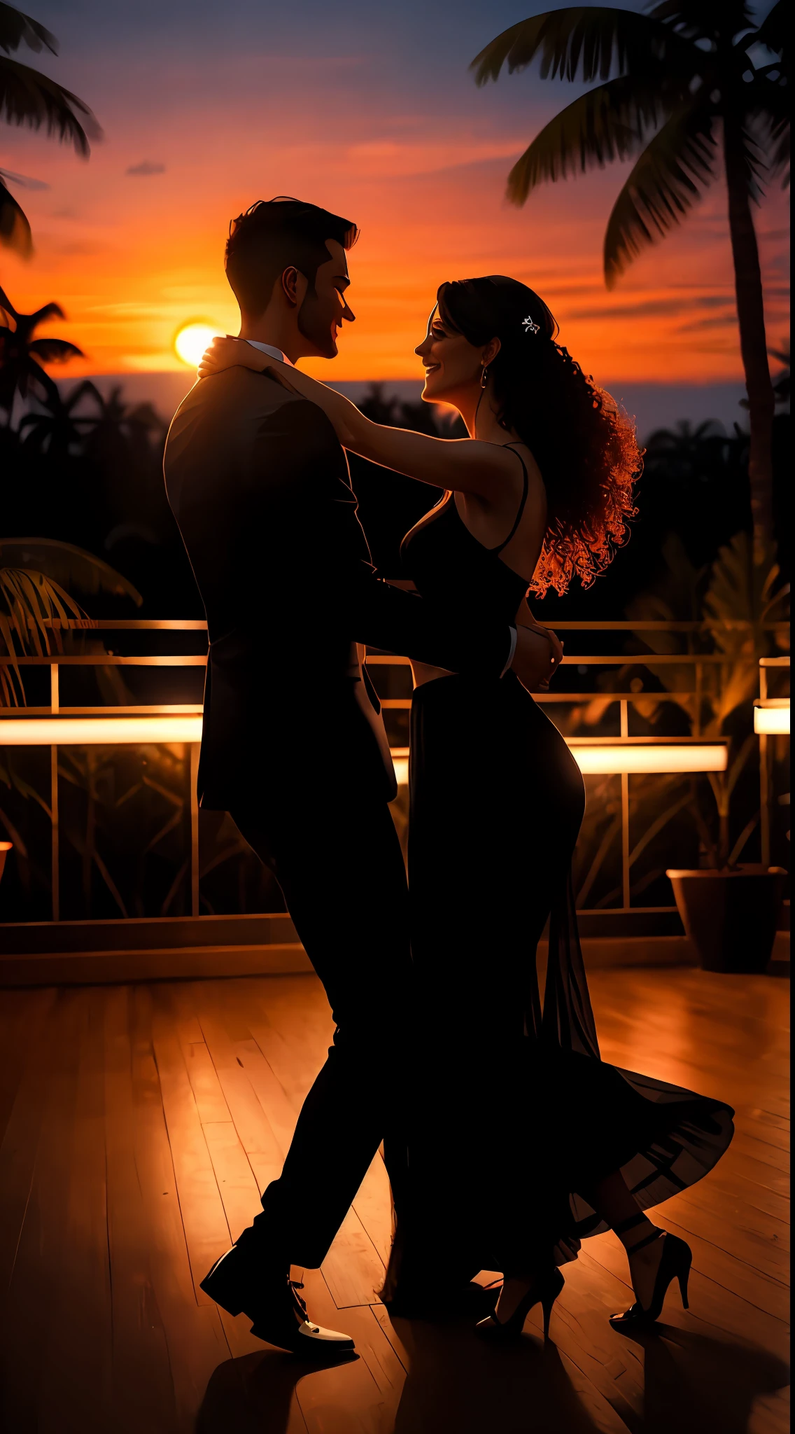 Couples dancing salsa at an outdoor club night on a terrace lined with coconut trees, they are in their thirties, The man is dressed in black, une femme est en rouge, ambiance coucher de soleil, photo realiste, hyper realistic, high resolution 8k, personnages entiers --auto