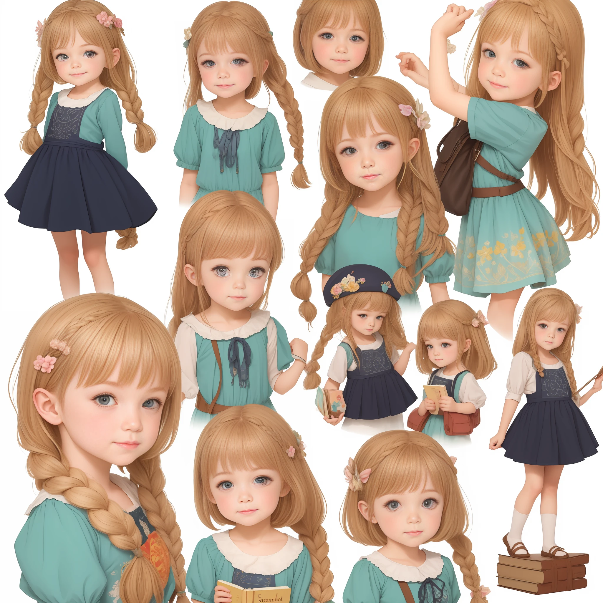 uma pequena princesa, various poses and expressions on white background, children's book ilustration style, Pescador, simples, 6 anos, cores, cabelo castanho, Cor Lisa | | | |, with braids, vestido branco de manga curta, sem livro, without glasses, sem mochila