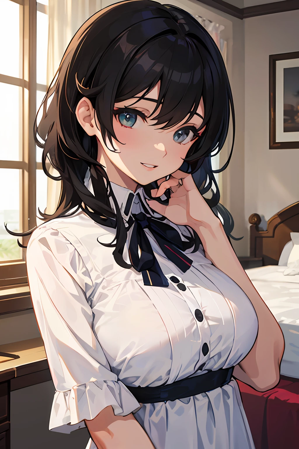 (masterpiece:1.2, best quality:1.2), official art, extremely detailed, professional lighting, (ultra high res:1.5, solo:1.2, sunlight, professional light:1.2, cinemic light, portrait),
(detailed and beautiful body, detailed and beautiful girl:1.2, detailed and beautiful hands:1.2, perfect human body),
((bedroom, hotel room, detailed bedroom, soft light)),
(large breasts:1.5, busty:1.2, detailed and beautiful background),
(1girl, beautifully detailed eyes, pink nightdress:1.5, seductive smile), parted lips, atago (kancolle),fine detailed, detailed faces, pureerosfaceace_v1, smile on face,
(black hair, hair intakes),