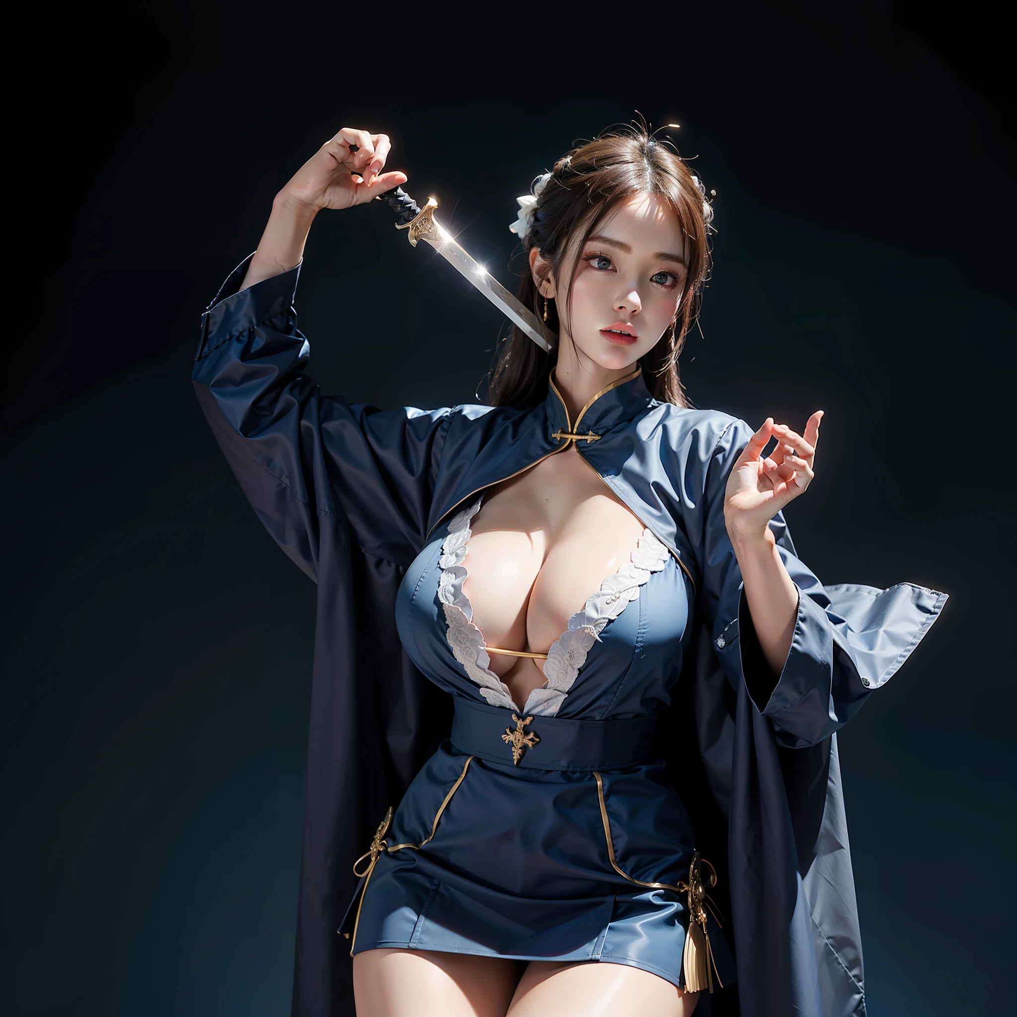 ((Large breasts)),Hyperrealistic,4K,35mm,Fashion,Photography,magazine photoshoot,ultra-high-details, (art abstrait:1.4), Professional lighting, 巨作, Best quality, ultra-high-resolution, Beautiful, Visually stunning, (1girl huge large breasts:1.3), (dark blue theme:1.2), Light gray background, Deep blue, Cowboy shot,girl,swordsmen,Chinese style,Hanfu,Tang Feng,Red:1.9,skin,wearing skirt,emma,shidudou