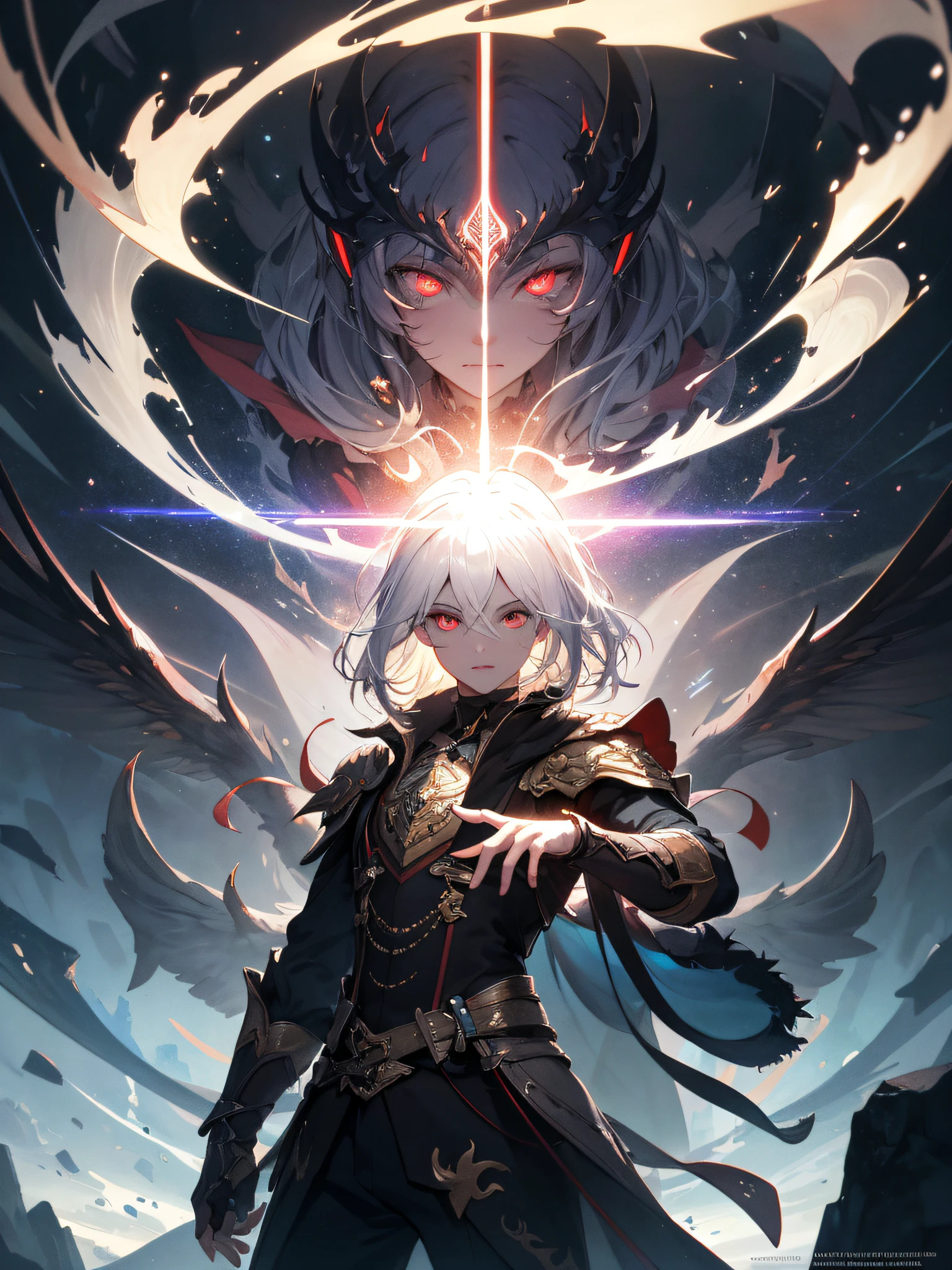 a painting that represents the essence of magic in your world, showing the white-haired, red-eyed protagonist with a mystical black mark on his neck immersed in a cascade of magical energy, with glowing particles dancing around him and arcane symbols forming in the air, masterpiece, best quality, ultra-detailed, illustration, 8k resolution concept art, fantasy art, epic art, concept art wallpaper 4k, deep color, natural lighting