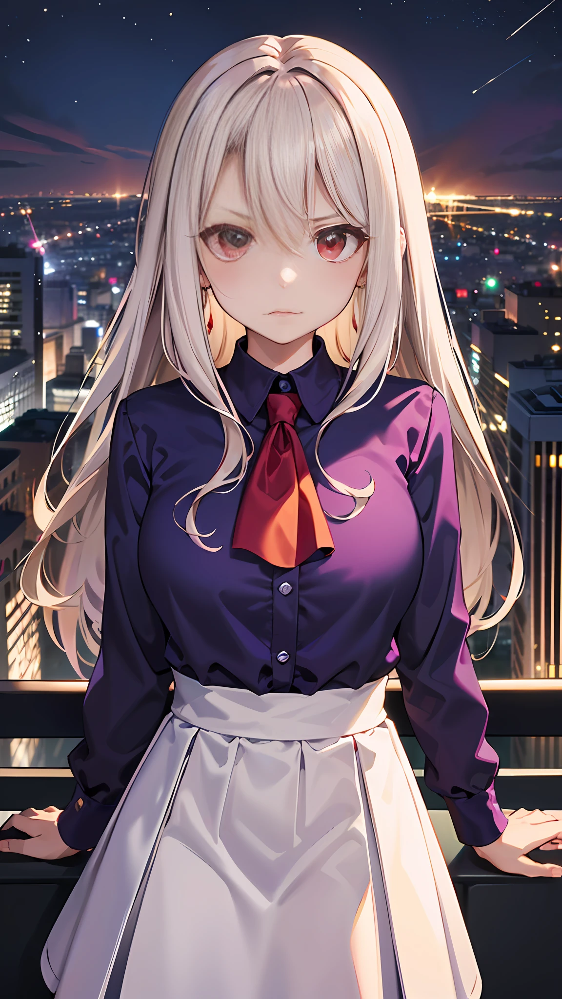 (巨作:1.4), (Best quality:1.4), 1girl huge large breasts, 独奏, 
Red eyes, White hair, Long hair, (illyasviel von einzbern:1.2), bangs, hair between eyes, Purple shirt, whitish skirt, purple ascot, scowling, angry
looking at viewer, Upper body, 
City, city scenery, Sky, Night，