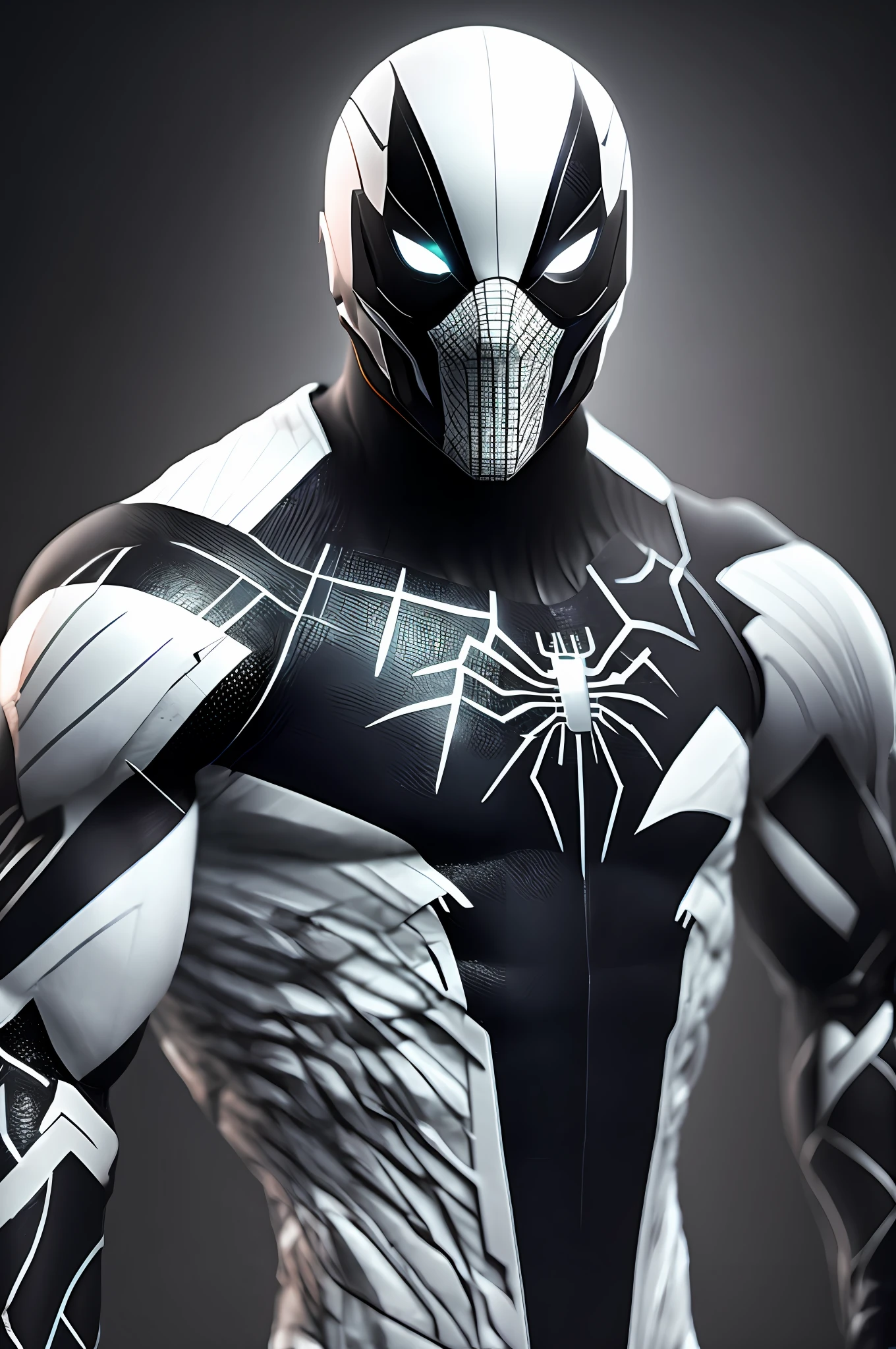 (8k, foto RAW, melhor qualidade, obra-prima: 1.2), ultra detalhado, arte oficial, foto-realista: 1.37, spider man, black , spider in the center of your chest in white, organic looking clothing, gooey testura, symbiote, white eyes, fine art, PS5 cinematic screenshot, Highly detailed and detailed cinematic rendering, raytricing ultra fotorrealista, with cinematic lightingaction pose