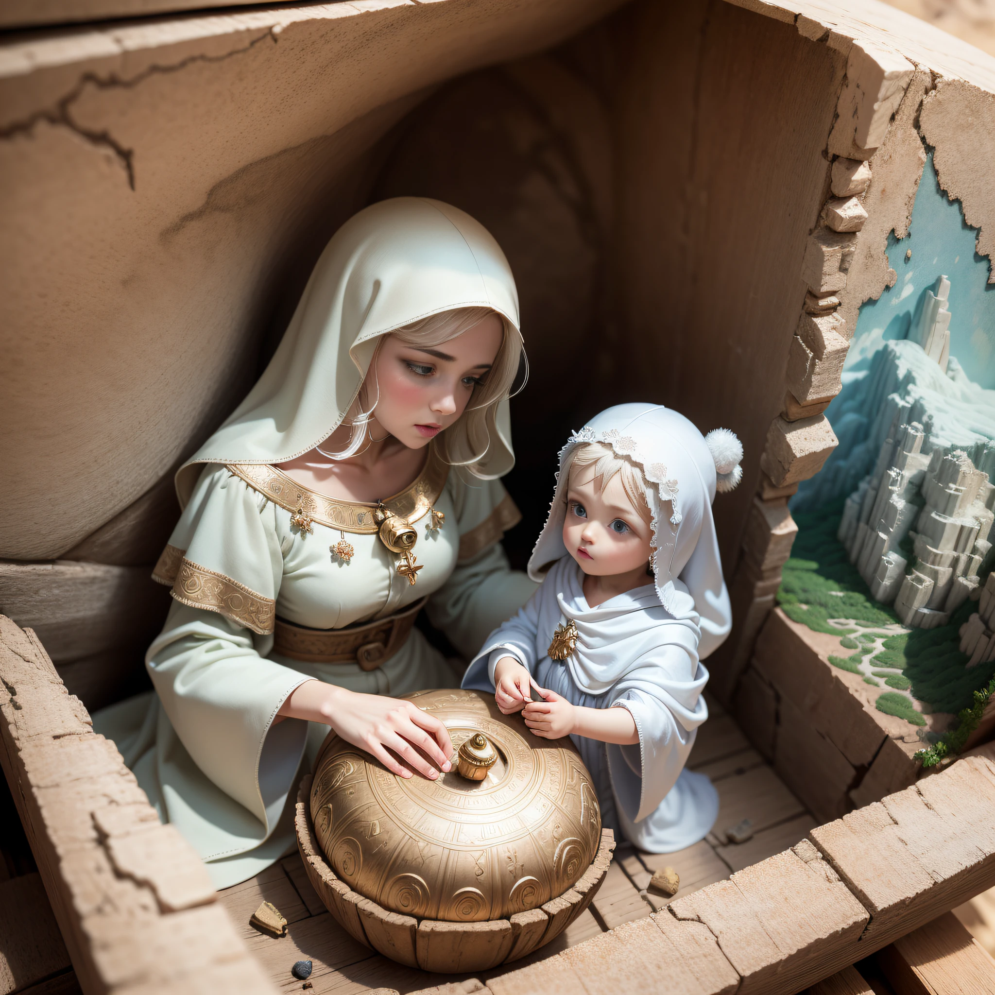 Multicolor 3D relief, meticulously carved, white ivory intaglio, illustration of the scene the nativity of little Jesus with right Saint Joseph left the madonna behind an ox and a donkey on a white background, pastel, traditional style, landscape painting in a hollow in the mountain, multidimensional paper craft, paper illustration, super wide angle view, dream, 8k, romantic, high resolution, 8k