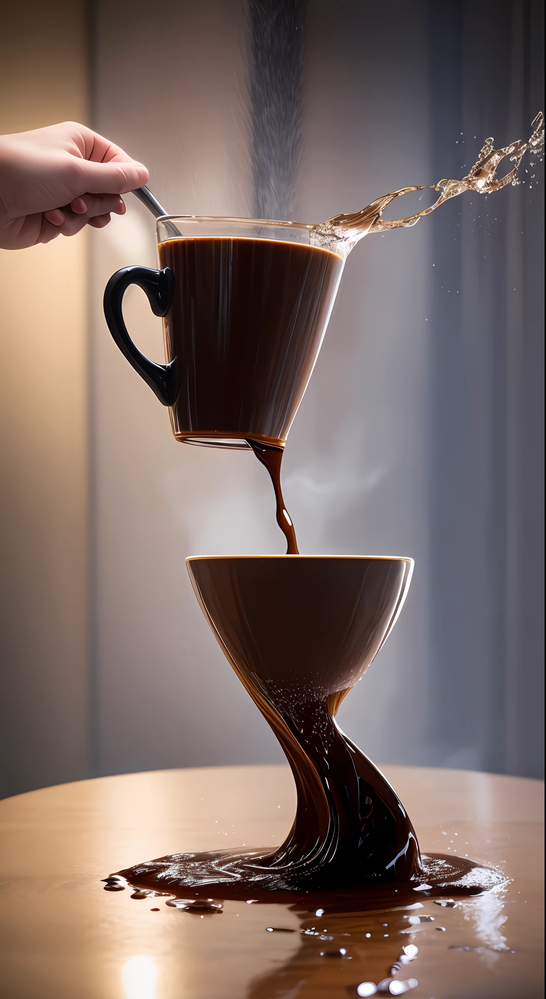 (Liquid Splash Fluid Art:1.2) Gravity-Defying Coffee Pour: A cup of dark, robust coffee suspended in mid-air, the rich, steaming liquid spiraling upwards in a mesmerizing anti-gravity display. The stream of coffee swirls and dances, an enticing aroma wafting from it. The scene, meticulously crafted using Cinema 4D's fluid simulation at an aperture of f/2.8, ISO 400, and a shutter speed of 1/60 sec, creates a fascinating juxtaposition of the ordinary and the surreal. The final render, enhanced using Gamma Correction and Tone Mapping, presents a dreamlike take on a morning ritual, paying homage to the styles of Alex Roman and Beeple.