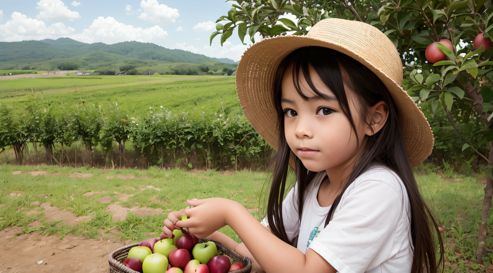 FAZENDA COM CELEIRO, cavalo, GIRLS CHILDREN 12 YEARS OLD, PICKING APPLES WITH A FARMER'S HAT, LOIRAS COM CABELO LISO, TRIGO, ROLOS DE FENO, SOL AO FUNDO DA FAZENDA.