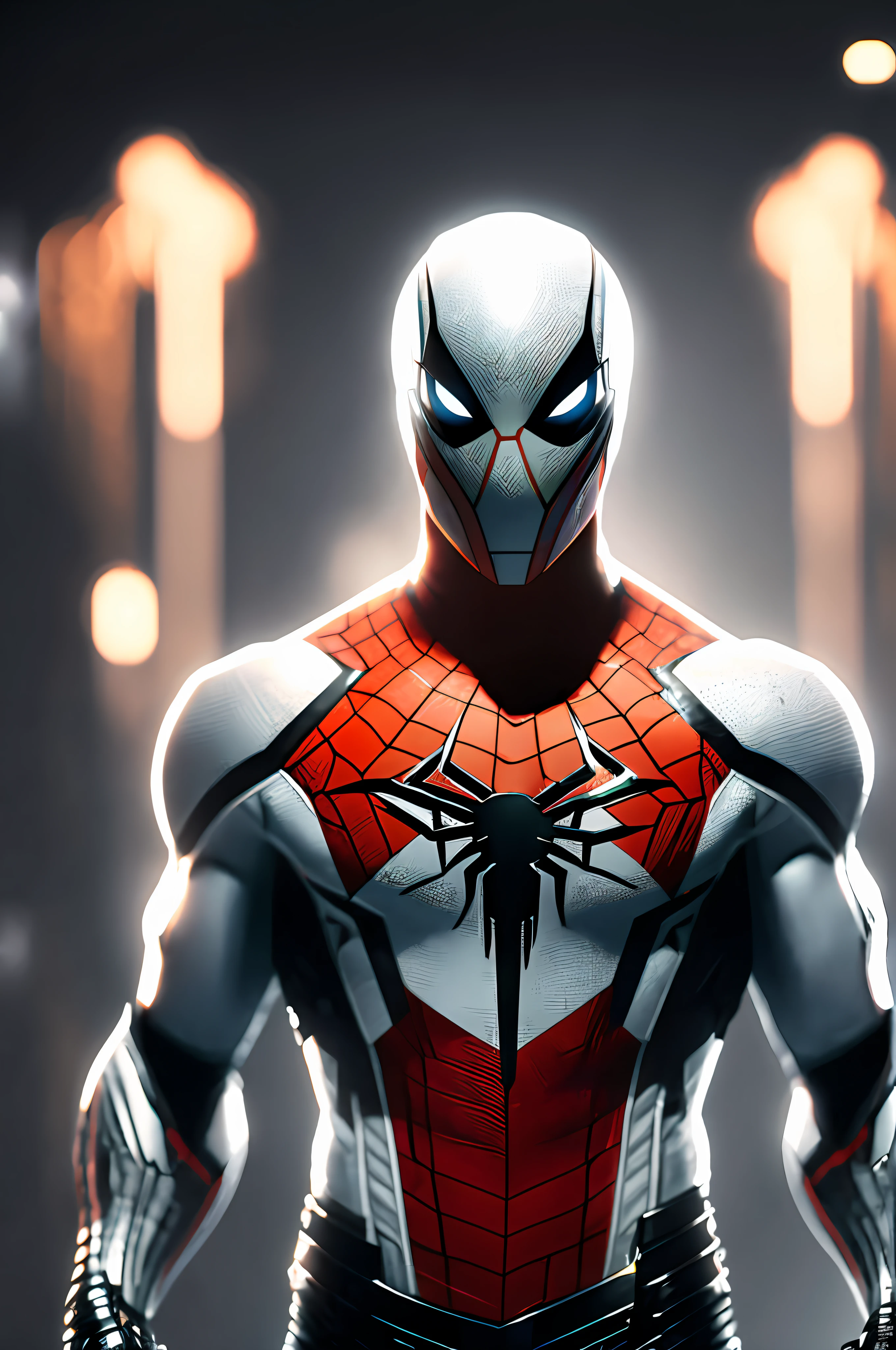 (8k, foto RAW, melhor qualidade, obra-prima: 1.2), ultra detalhado, arte oficial, foto-realista: 1.37, spider man, black , spider in the center of your chest in white, organic looking clothing, gooey testura, symbiote, white eyes, fine art, PS5 cinematic screenshot, Highly detailed and detailed cinematic rendering, raytricing ultra fotorrealista, with cinematic lightingaction pose
