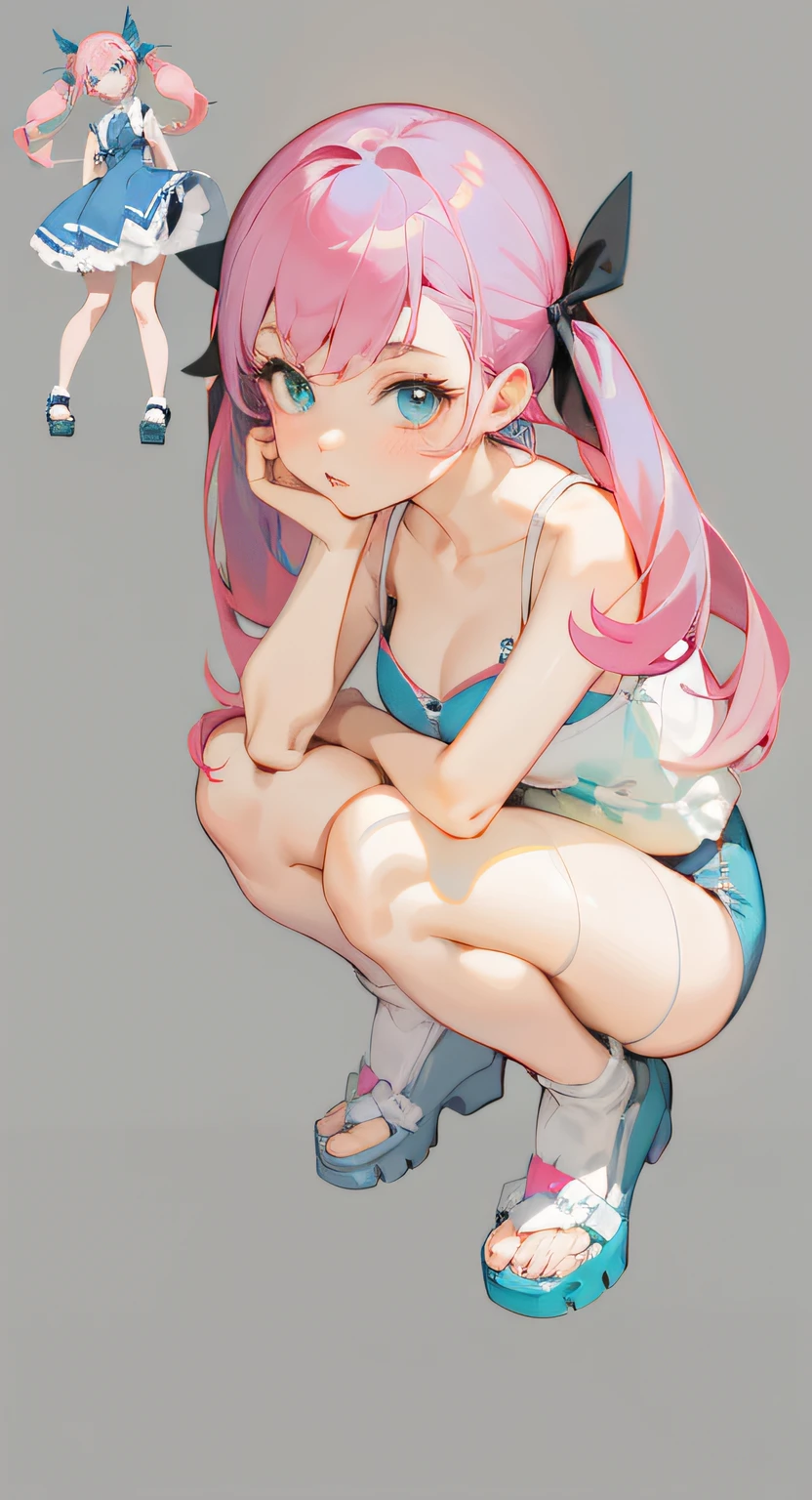 anime girl with pink hair and blue eyes crouching down, pink twintail hair and cyan eyes, Trending on ArtStation pixiv, made with anime painter studio, pixiv 3dcg, guweiz on pixiv artstation, guweiz on artstation pixiv, painted in anime painter studio, beautiful anime girl squatting, by Shitao