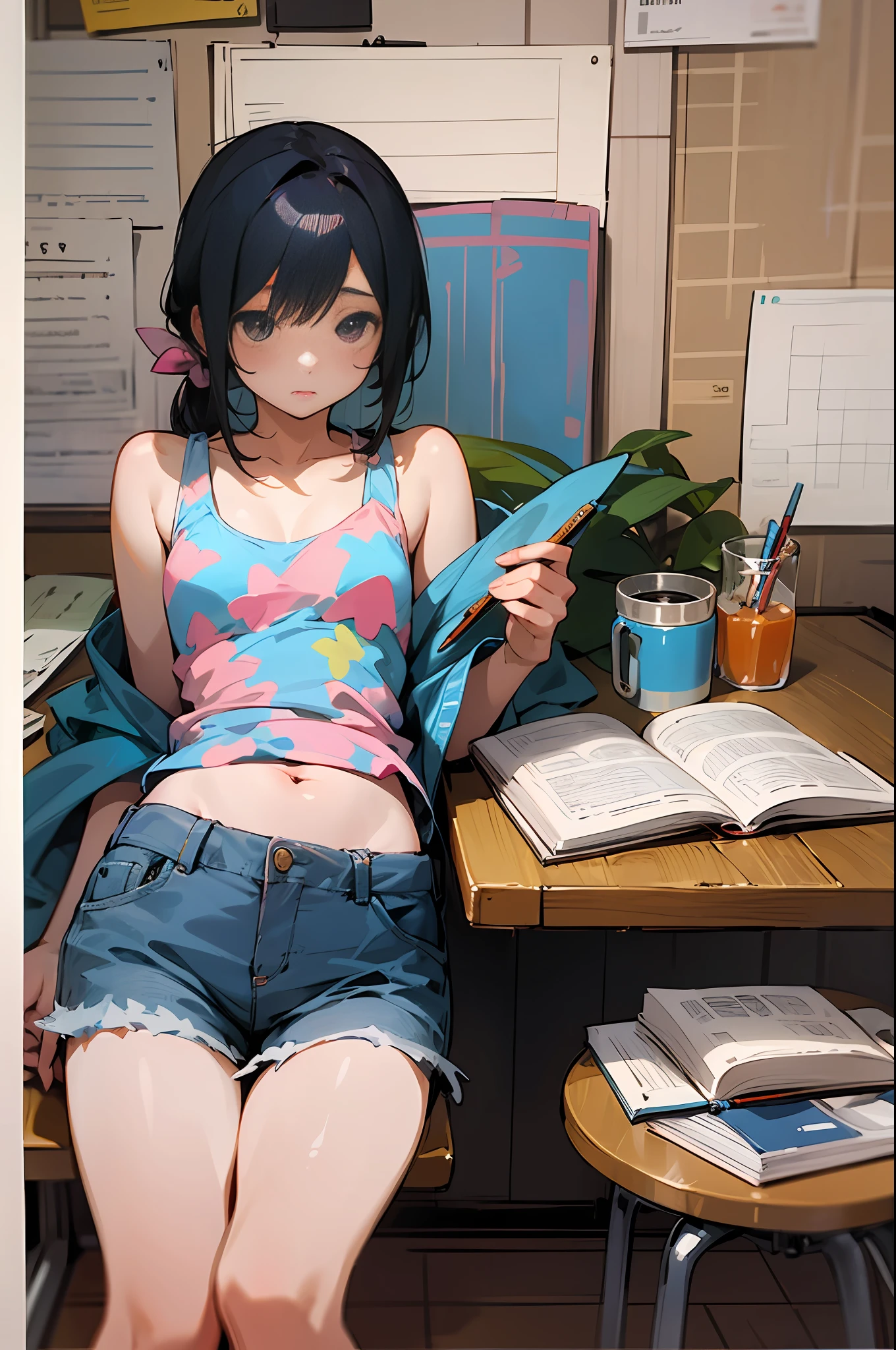 1人、Summer vacation morning、(((Girl doing homework)))、pencil、notebook、short pants、Tank Tops、small tits、dressing gown
