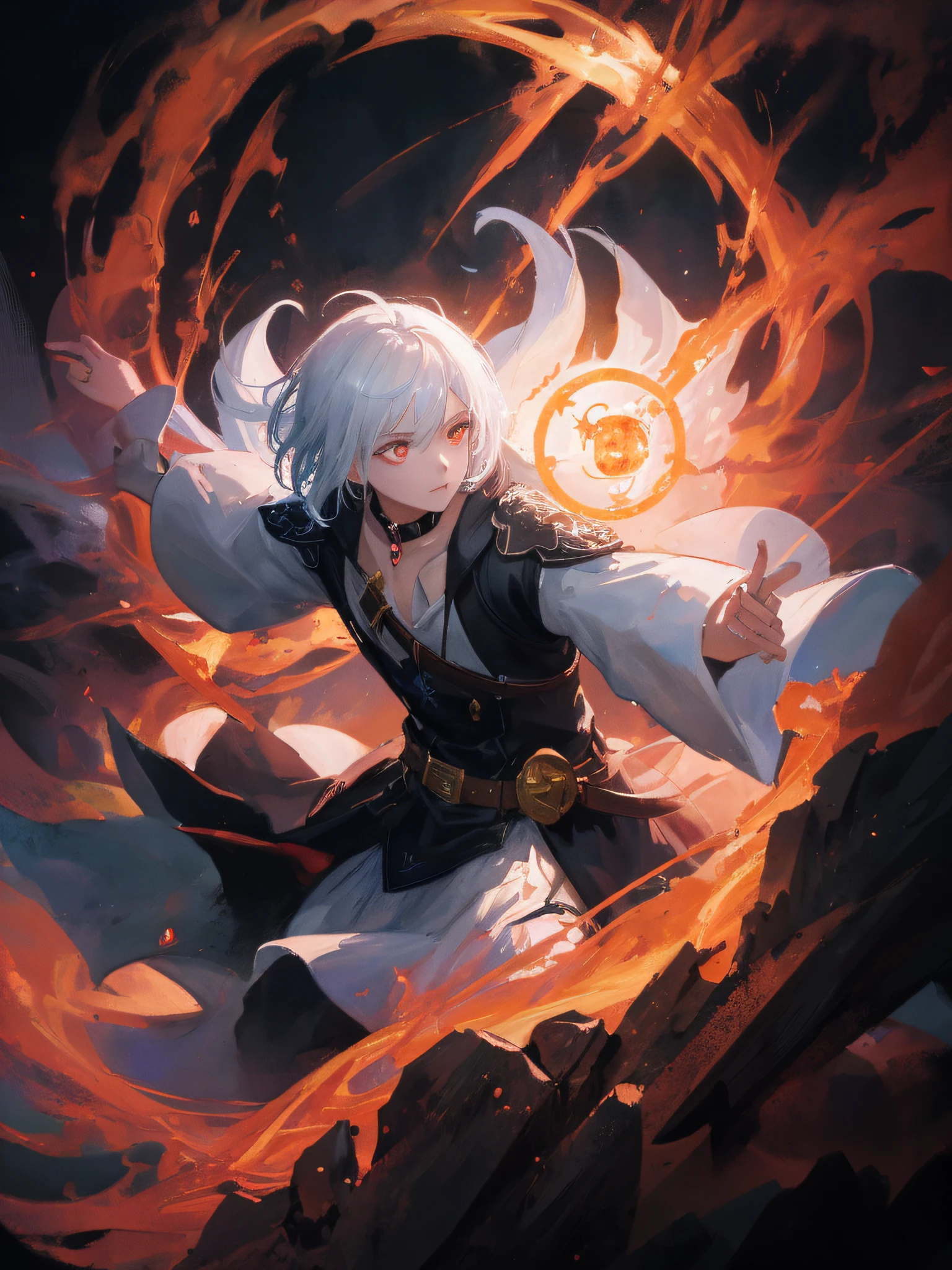 a painting that represents the essence of magic in your world, showing the white-haired, red-eyed protagonist with a mystical black mark on his neck immersed in a cascade of magical energy, with glowing particles dancing around him and arcane symbols forming in the air, masterpiece, best quality, ultra-detailed, illustration, 8k resolution concept art, fantasy art, epic art, concept art wallpaper 4k, deep color, natural lighting