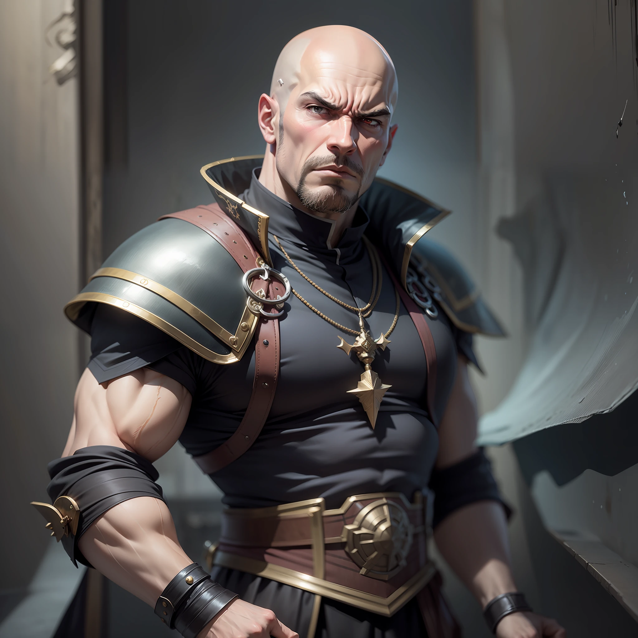 realistic anime style image of a bald man, 30s, tall, strong, with a goatee, wearing black cleric attire and with shoulder pads, rpg warrior, displeased expression, in a very dark, gloomy, underground chamber