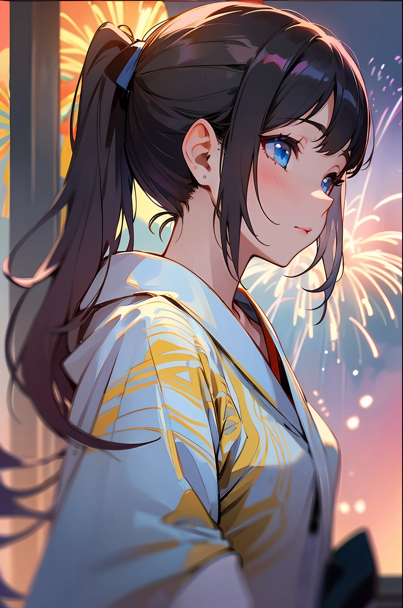 最好质量、finely detail、(((Beautiful One Girl)))、very detailed eyes and faces、skyrocket、bathrobe、Looking up at the fireworks、poneyTail、profile、Shine in the eyes,Upper body body