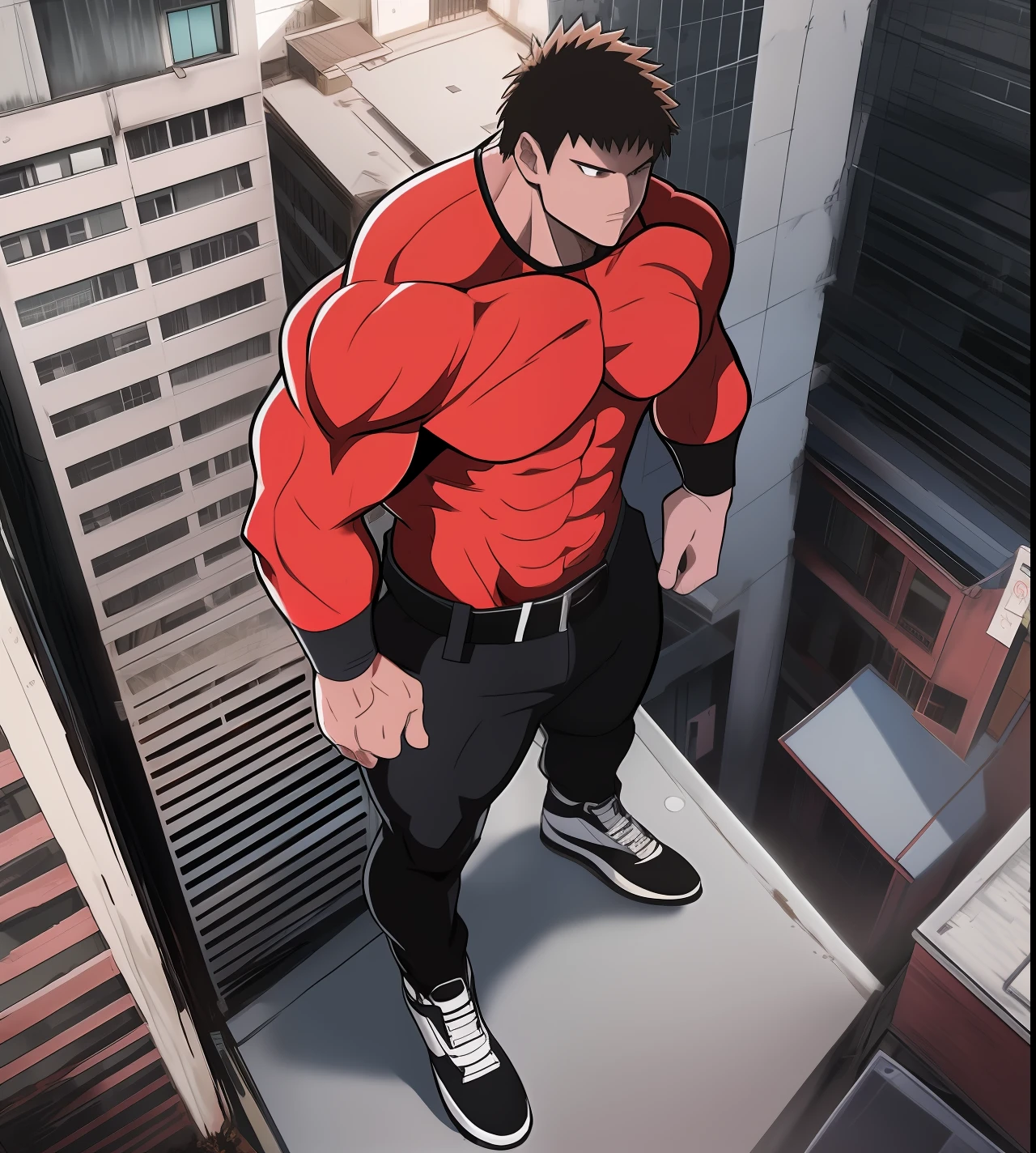 Generate anime-style art with a high-angle shot of a muscular male character with his body facing the camera, THE CHARACTER IS STANDING ON TOP OF A TALL BUILDING, The protagonist must have an extremely muscular body, very tall, similar to that of a bodybuilder. The character must have very short hair with dark brown bangs and must be wearing a red long sleeve T-shirt with black pants and a belt and must be wearing a white sneaker. The image should depict the character's entire body, focusing on his intimidating posture. The protagonist must exude strength and dominance, displaying a powerful presence. The scene should feature only the muscular character, THE CHARACTER SHOULD BE ON TOP OF A BUILDING SHOWING A LARGE CITY BELOW HIM