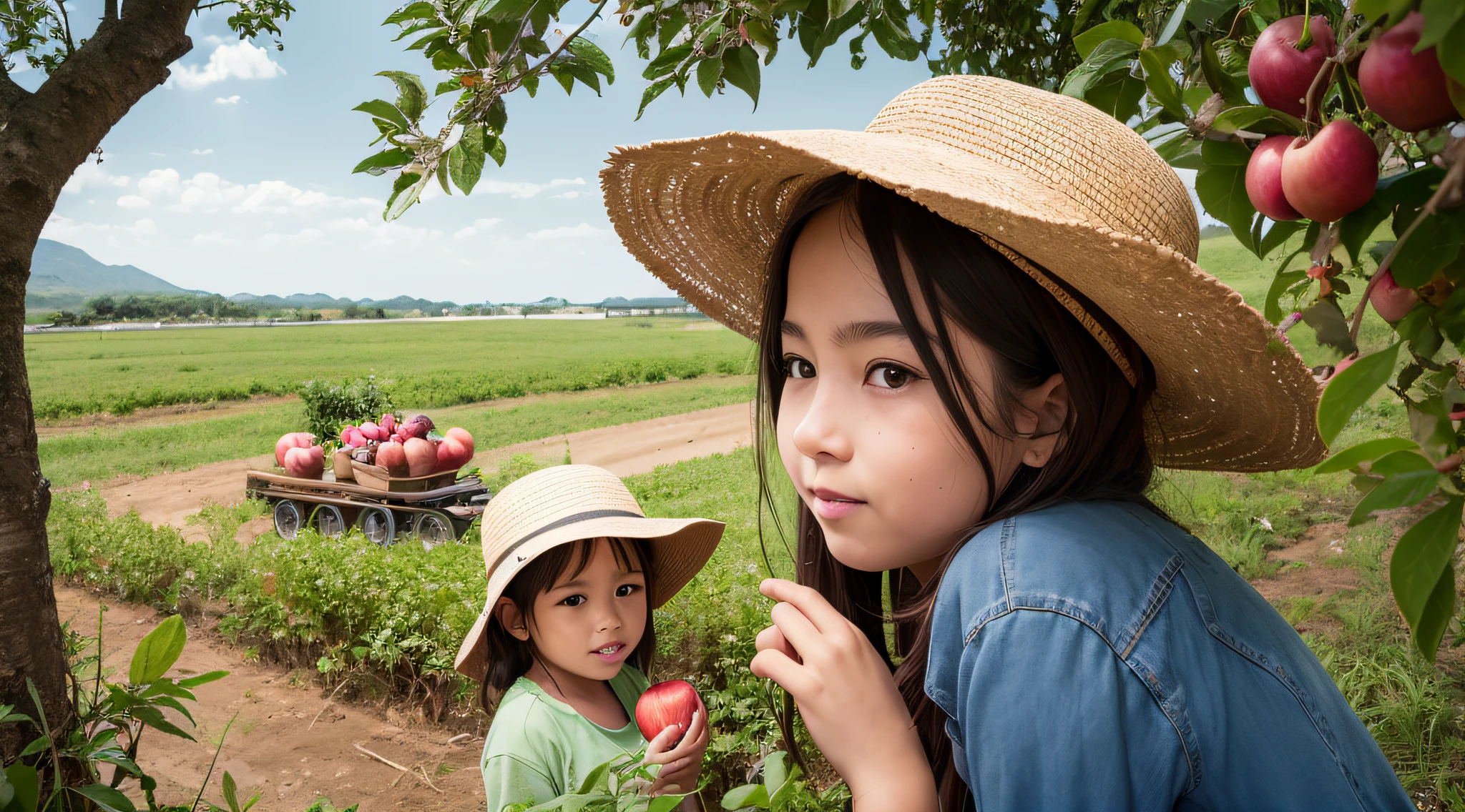 FAZENDA COM CELEIRO, cavalo, GIRLS CHILDREN 12 YEARS OLD, PICKING APPLES WITH A FARMER'S HAT, LOIRAS COM CABELO LISO, TRIGO, ROLOS DE FENO, SOL AO FUNDO DA FAZENDA.