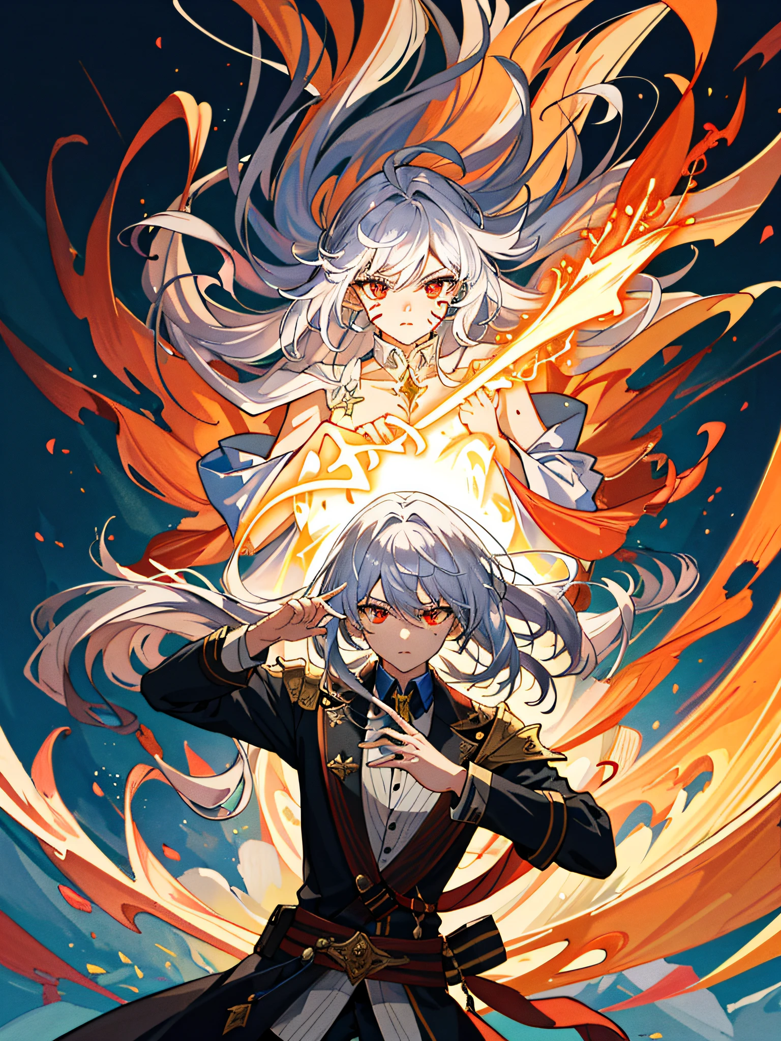 a painting that represents the essence of magic in your world, showing the white-haired, red-eyed protagonist with a mystical black mark on his neck immersed in a cascade of magical energy, with glowing particles dancing around him and arcane symbols forming in the air, masterpiece, best quality, ultra-detailed, illustration, 8k resolution concept art, fantasy art, epic art, concept art wallpaper 4k, deep color, natural lighting