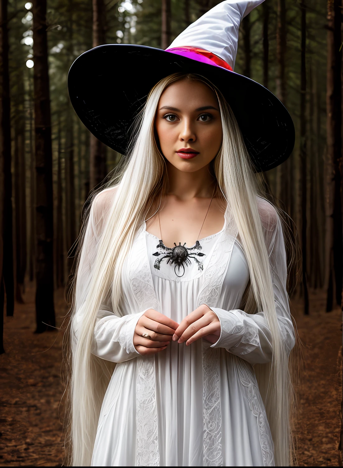 **Immerse yourself in the colourful closeup world of a long white haired white witch woman with a felt hat witch, 1girl, super cute spider with big bright eyes, digital painting, dreamlike, intricate details, sharp focus, trending on artstation, magical fairies in a dreamlike forest, Photographed by David bailey using Hasselblad’s flagship mirrorless medium format camera X2D 100C. 1000mps ,bold vibrant colours