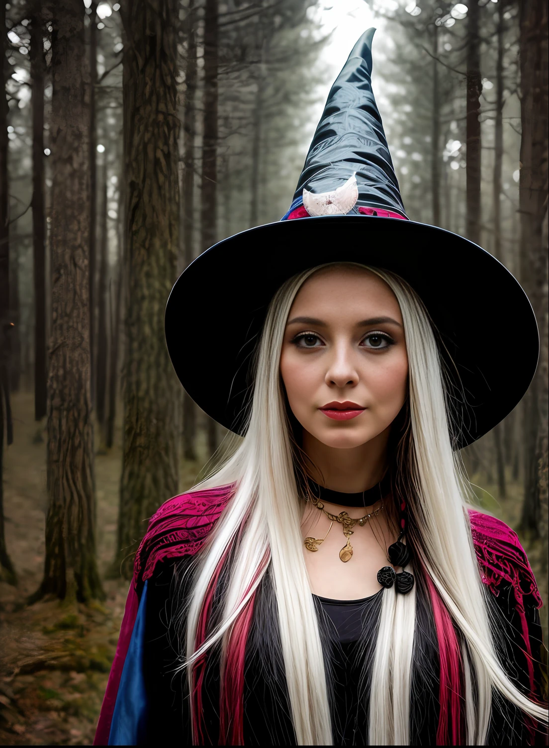 **Immerse yourself in the colourful closeup world of a long white haired white witch woman with a felt hat witch, 1girl, super cute spider with big bright eyes, digital painting, dreamlike, intricate details, sharp focus, trending on artstation, magical fairies in a dreamlike forest, Photographed by David bailey using Hasselblad’s flagship mirrorless medium format camera X2D 100C. 1000mps ,bold vibrant colours