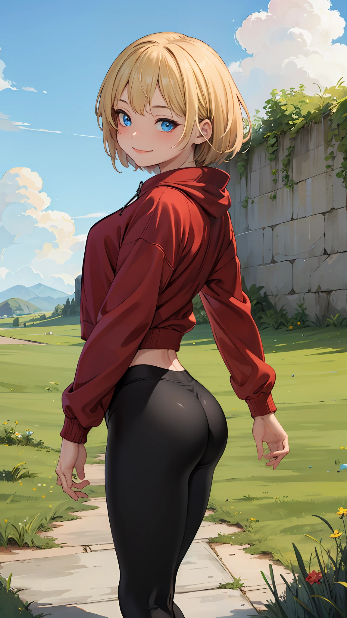best quality, masterpiece, small breasts, smile, sweatshirt, leggings, outdoors, alone, anime style, grass field, daytime, blue sky, blue eyes, detailed eyes, medium hair, blonde hair, loose hair, bangs, ass,