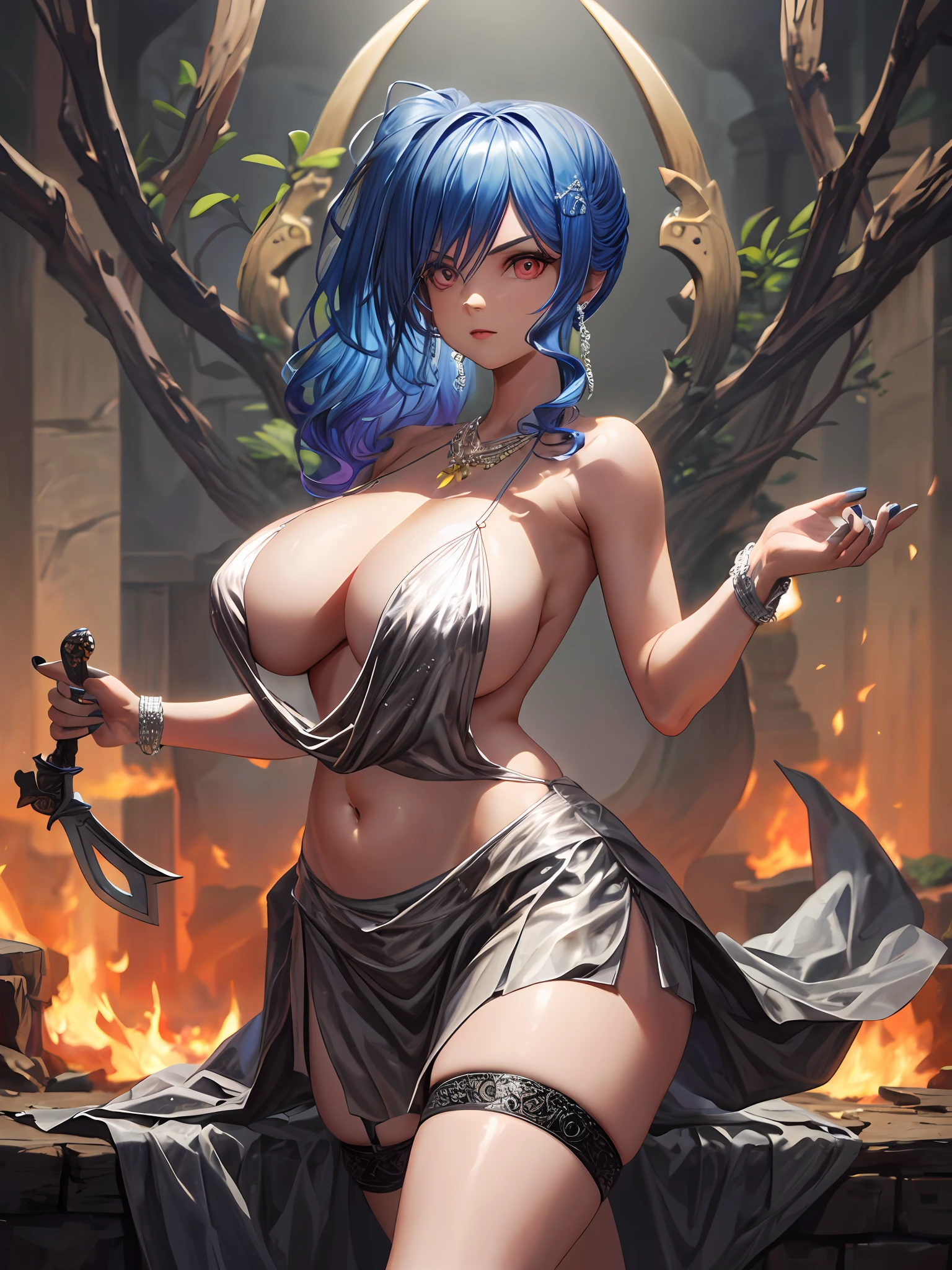 ((巨作, Best quality)), (1girl huge large breasts), ((Beautiful women)), big tit, a horsetail, ((Wearing Ligue 1)), Cleavage, Curvy beauty, Buttock beauty, The thighs are thinner, Belly Navel, Thigh straps, boot, Hold the sword,Sword fighting stance,exteriors,adventurer,Mage,forested,dungeon background,naturey,medieval times,reflective light,raytrace,Exquisite background,looking at the spectator,cow-boy shot,big tit,Japan goddess, perfectbody