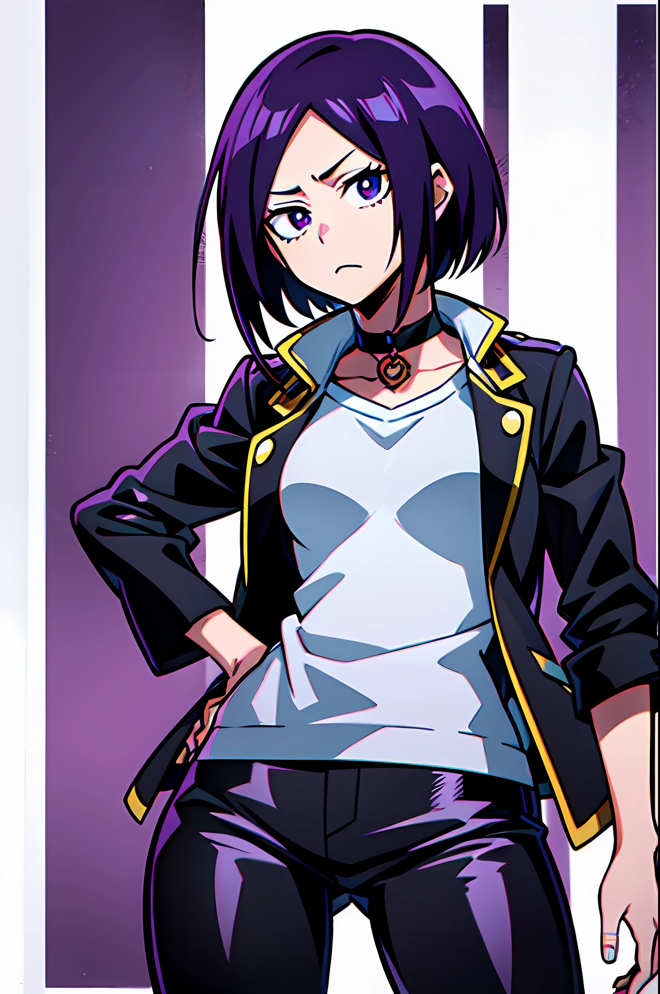 1girl, purple eyes and dark purple hair, bob cut, medium length haircut, black leather jacket, long red-colored shirt with several rips at the collar and hem, black pants, black choker, (bleach and boku no hero academia style), (illustrated by Kohei Horikoshi and Tite Kubo), (style mixing), Kyoka Jiro, Rukia Kuchiki, (character mixing)