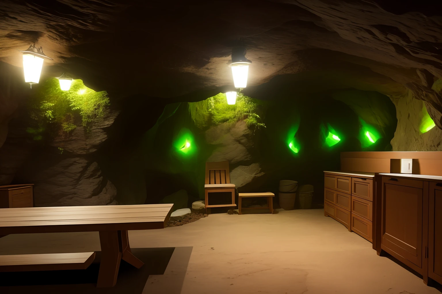 The Ferutrix locker room is inside a dimly lit cave with only green lights, com suas paredes de pedra e vigas de madeira escura. A luz verde cria um ambiente misterioso e envolvente, while the polished wooden cabinets, cada um com o nome de uma guerreira, Patiently await the next mission.