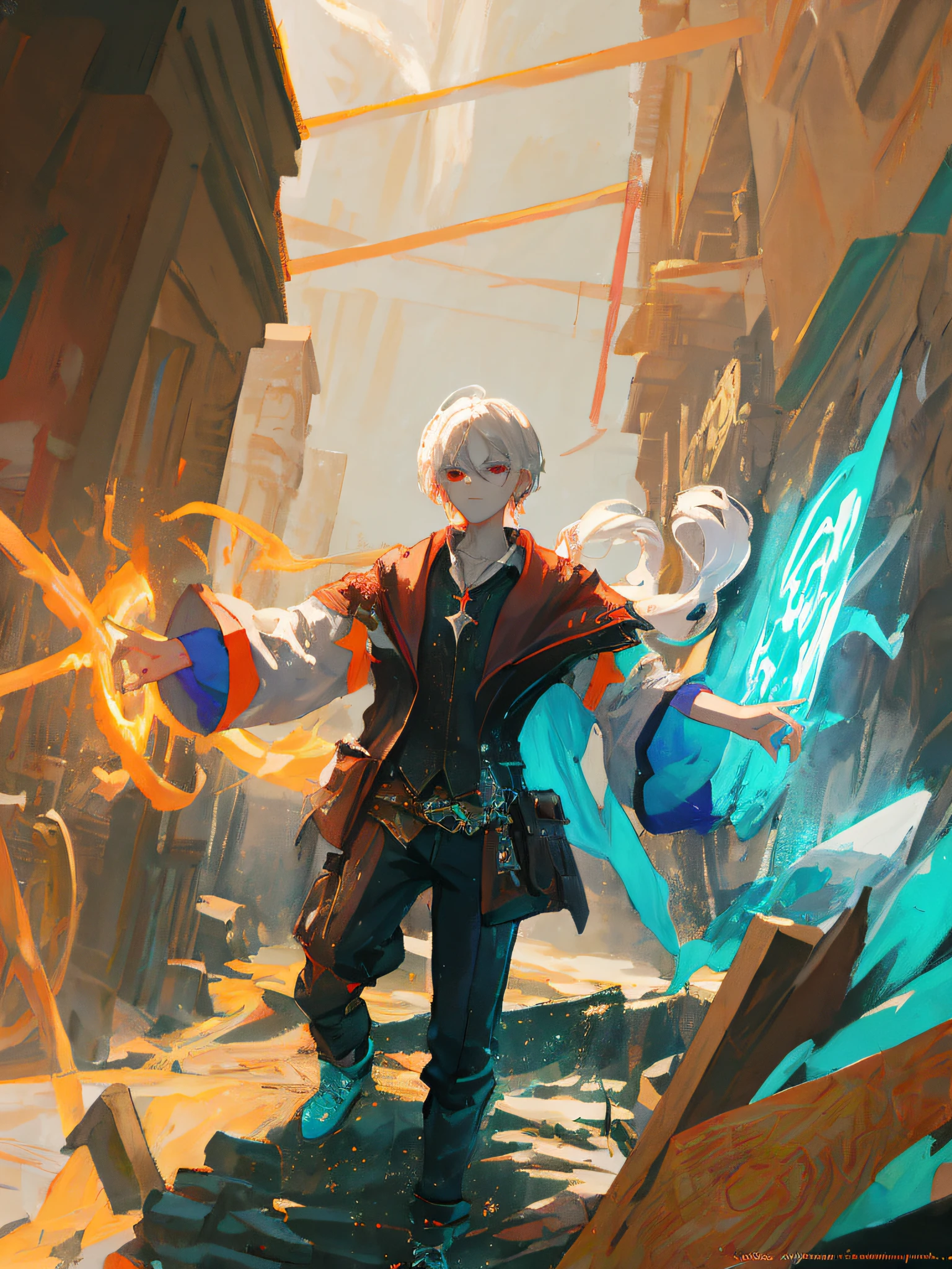a painting that represents the essence of magic in your world, showing the white-haired, red-eyed protagonist with a mystical black mark on his neck immersed in a cascade of magical energy, with glowing particles dancing around him and arcane symbols forming in the air, masterpiece, best quality, ultra-detailed, illustration, 8k resolution concept art, fantasy art, epic art, concept art wallpaper 4k, deep color, natural lighting
