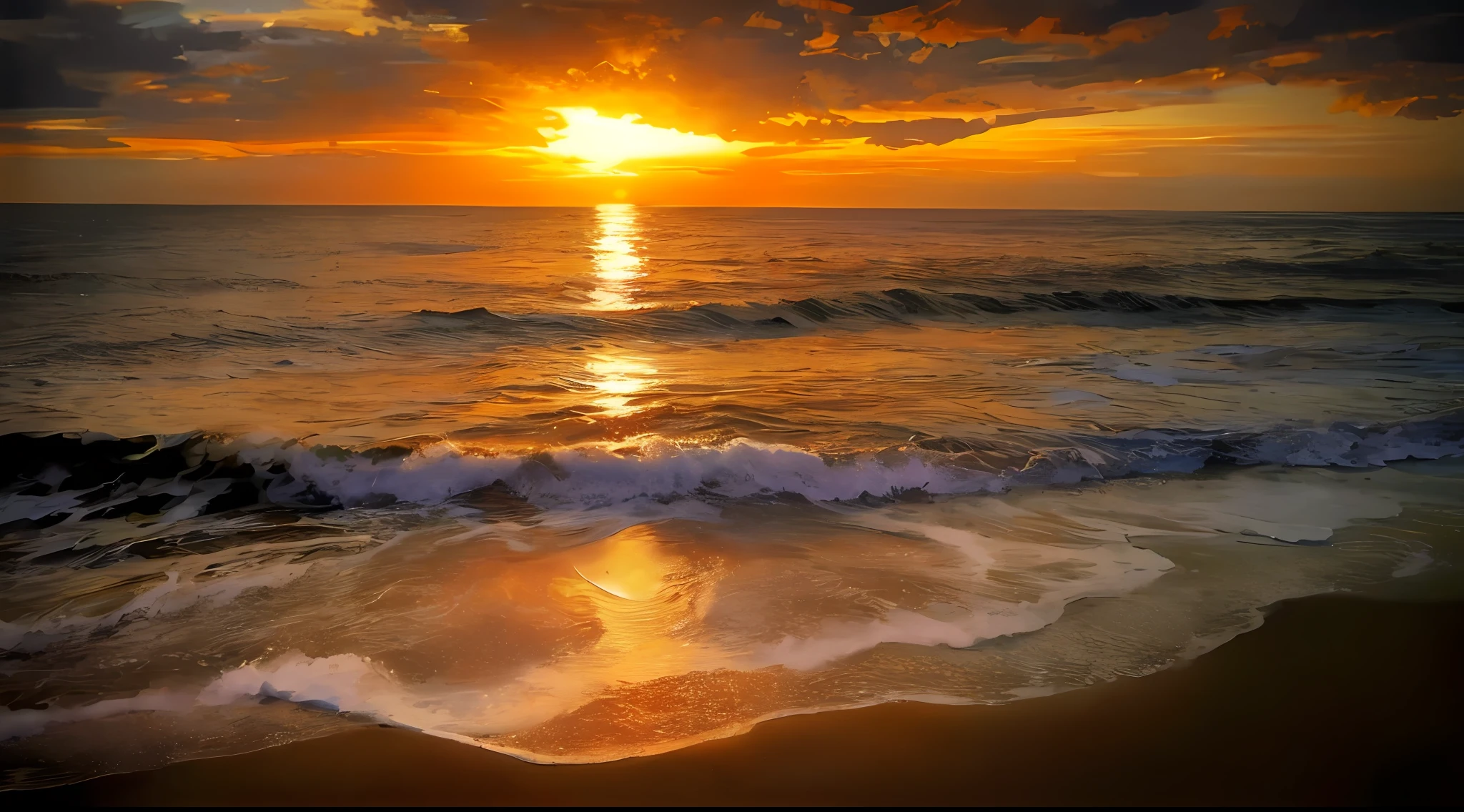 arafed view of a sunset over the ocean with waves, which shows a beach at sunset, sunset at the beach, the most beautiful sunset, beach sunset background, sunset on the beach, golden sunset, on the beach during sunset, at the beach on a sunset, golden hour time, at the golden hour, warm beautiful scene, in a golden sunset sky