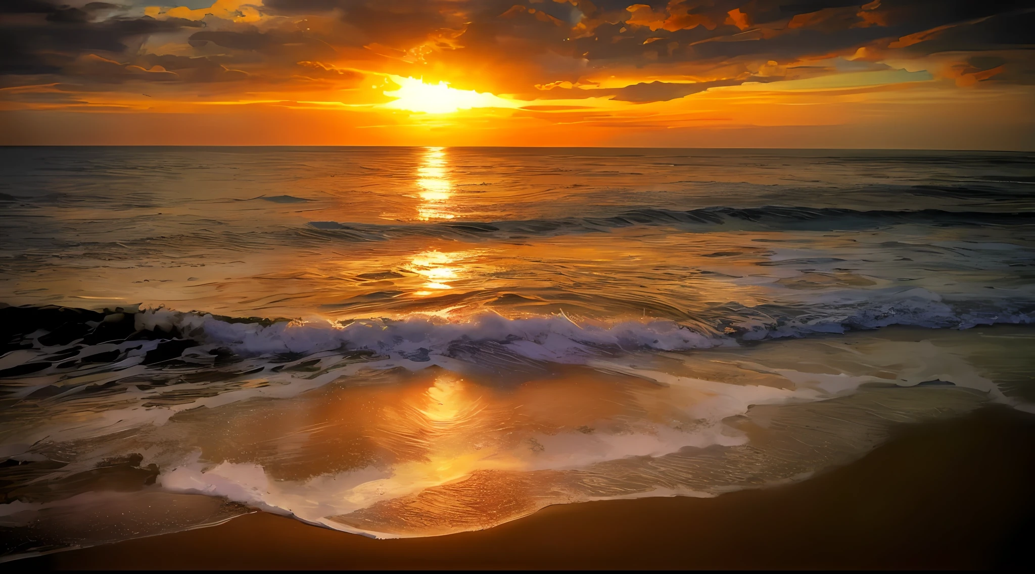 arafed view of a sunset over the ocean with waves, which shows a beach at sunset, sunset at the beach, the most beautiful sunset, beach sunset background, sunset on the beach, golden sunset, on the beach during sunset, at the beach on a sunset, golden hour time, at the golden hour, warm beautiful scene, in a golden sunset sky