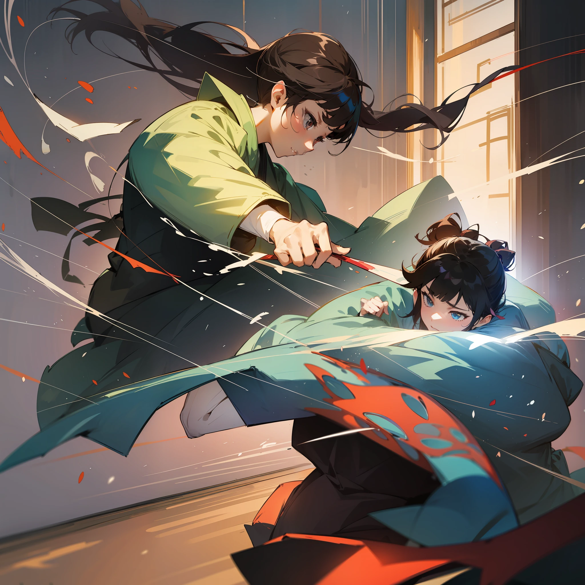 shadowboxing、battle、Character duo、art by、watercolor drawings、delicate、 --auto --s2