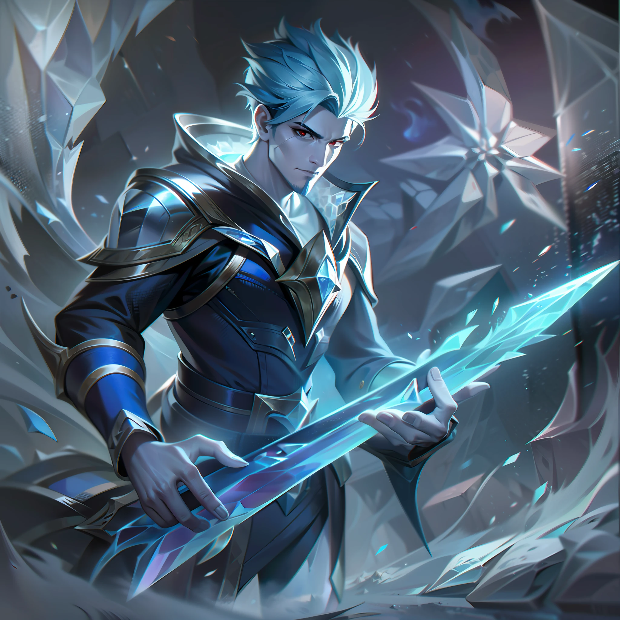 A man with pale skin and blue hair logos with an ice sword+ roupa branca + fundo de gelo splashart, splashart, Splashart de League of Legends, arte, Pincelada, obra-prima, 8k, Ultra Detalhado, disco Rigid